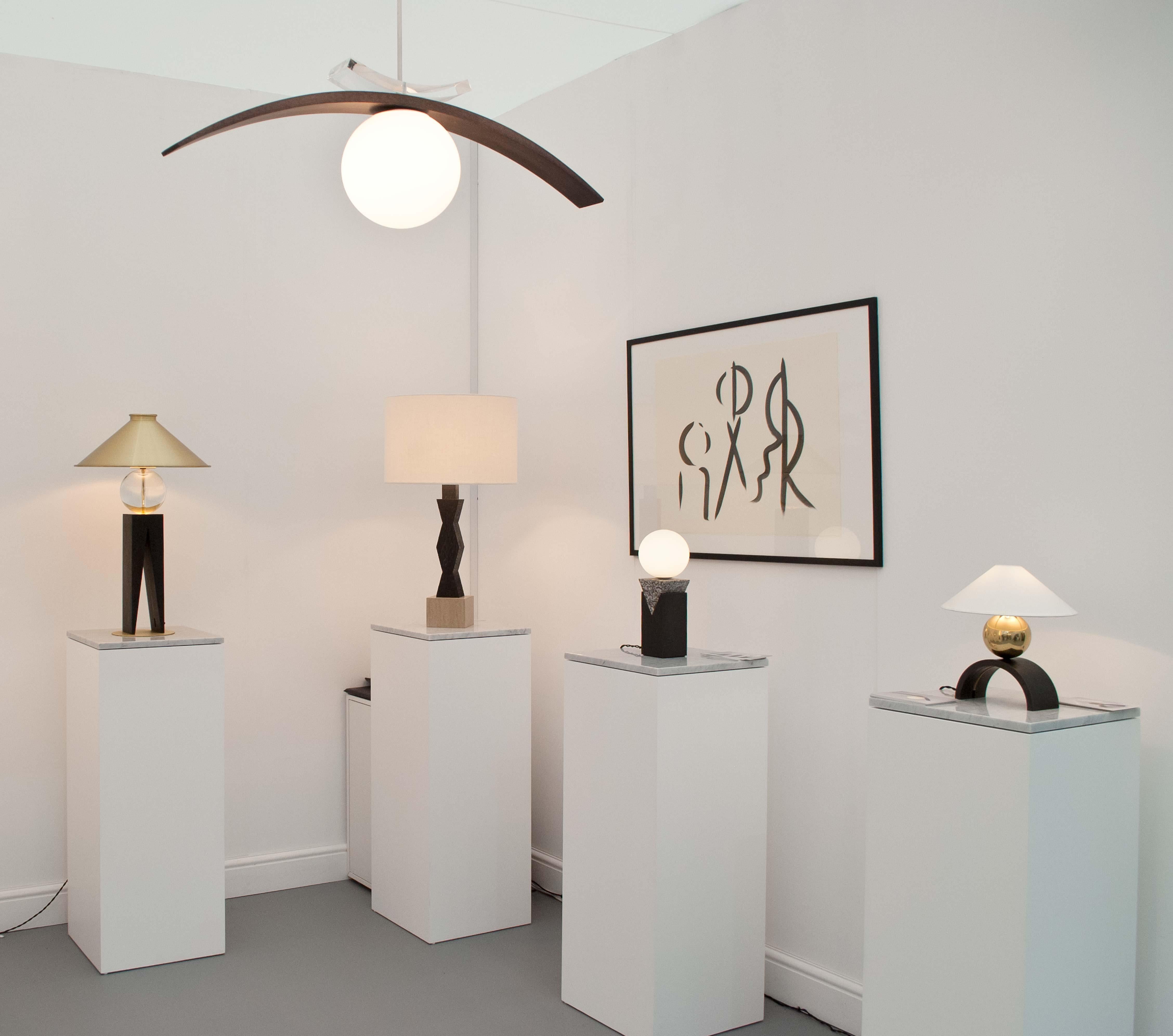 Contemporary Ridge Table Lamp - Geometric Oak & Limestone base with Linen Shade For Sale 2