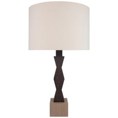 Contemporary Ridge Lamp with Geometric Oak Base and Linen Shade