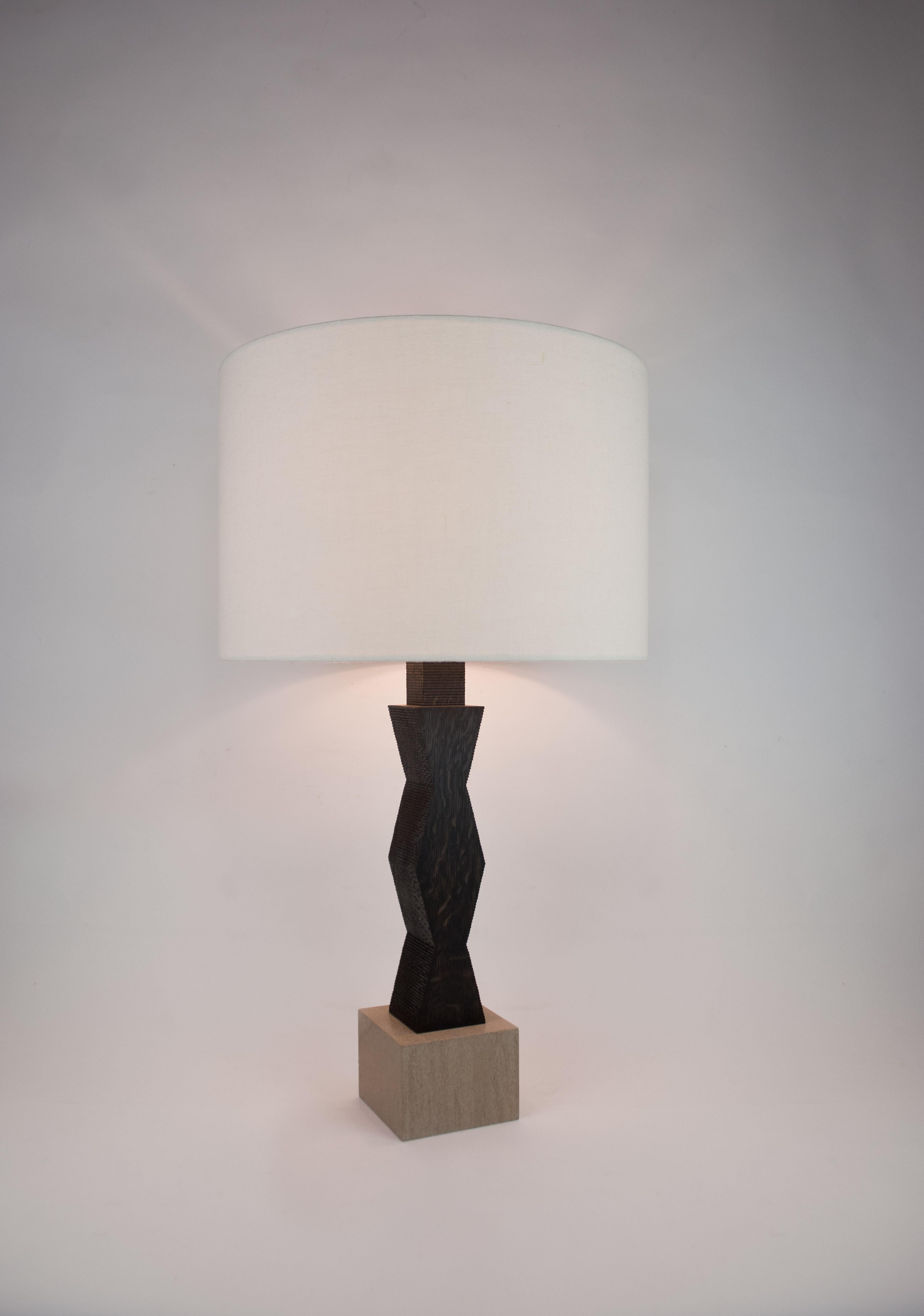 Mid-Century Modern Contemporary Ridge Lamp with Geometric Oak Base and Linen Shade