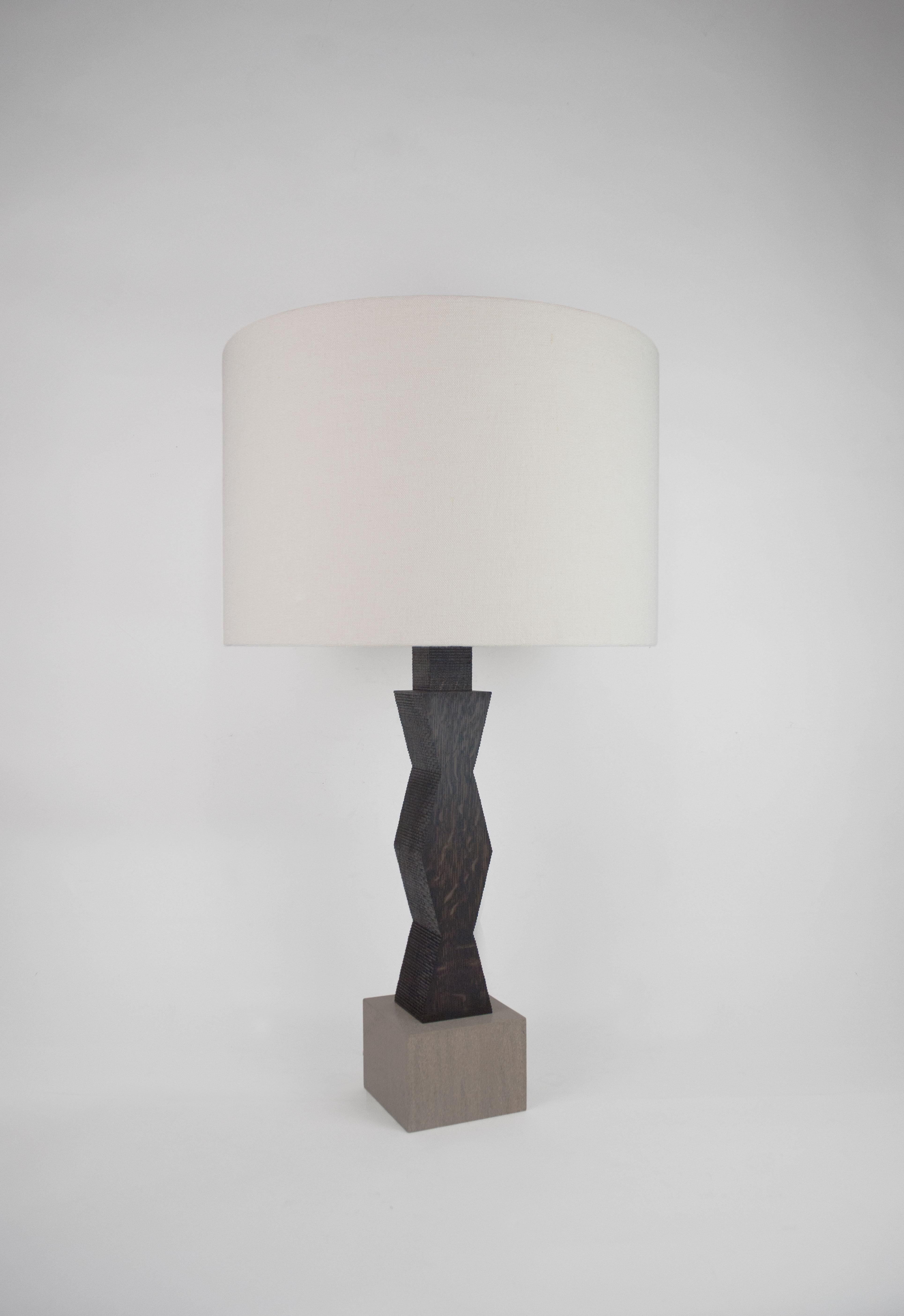 Ebonized Contemporary Ridge Lamp with Geometric Oak Base and Linen Shade