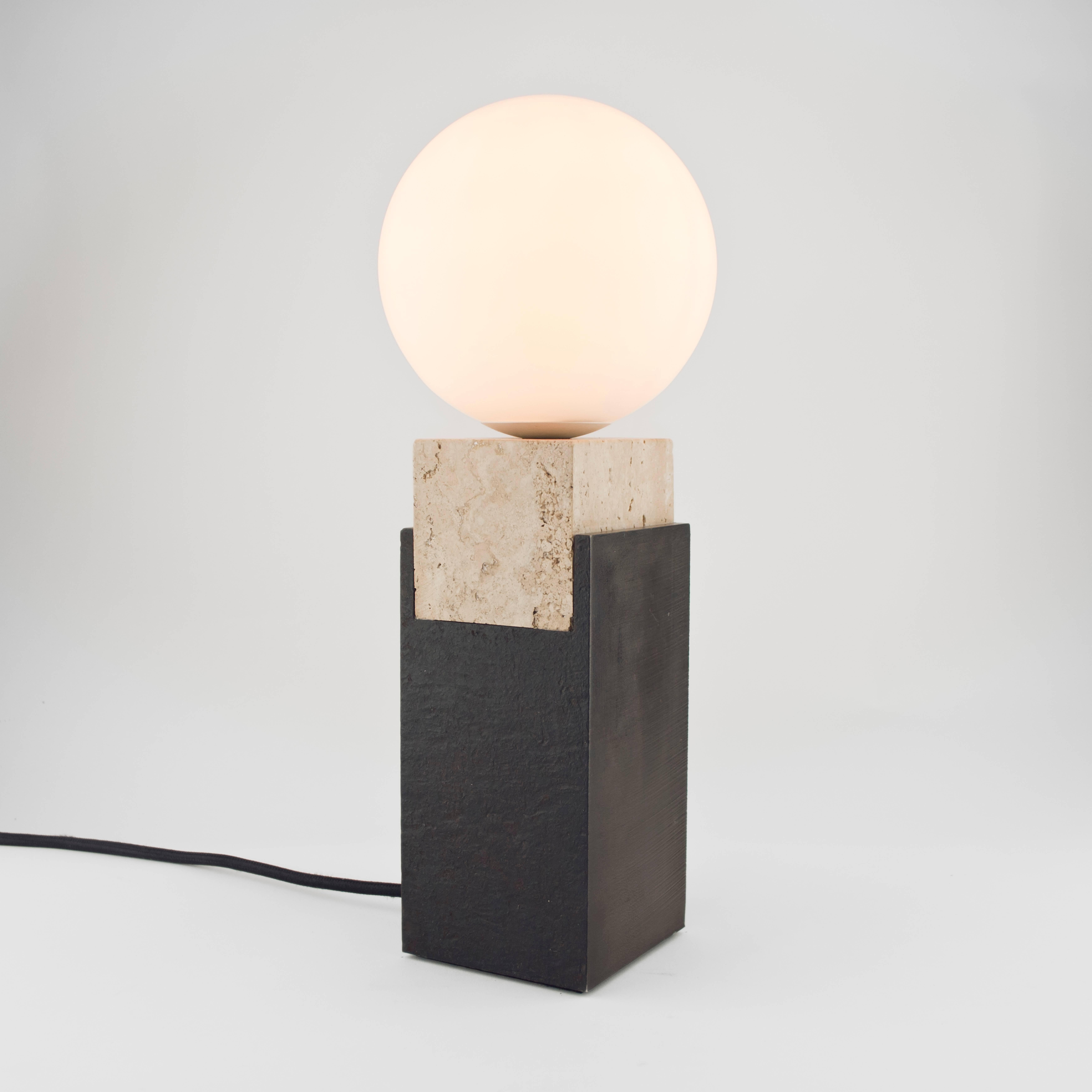 English Contemporary Monument Table Lamp - Square in Travertine, Solid Steel and Glass For Sale