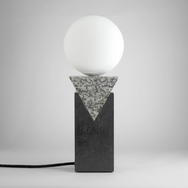 Modern Contemporary Monument Table Lamp - Triangle in Granite, Solid Steel and Glass For Sale