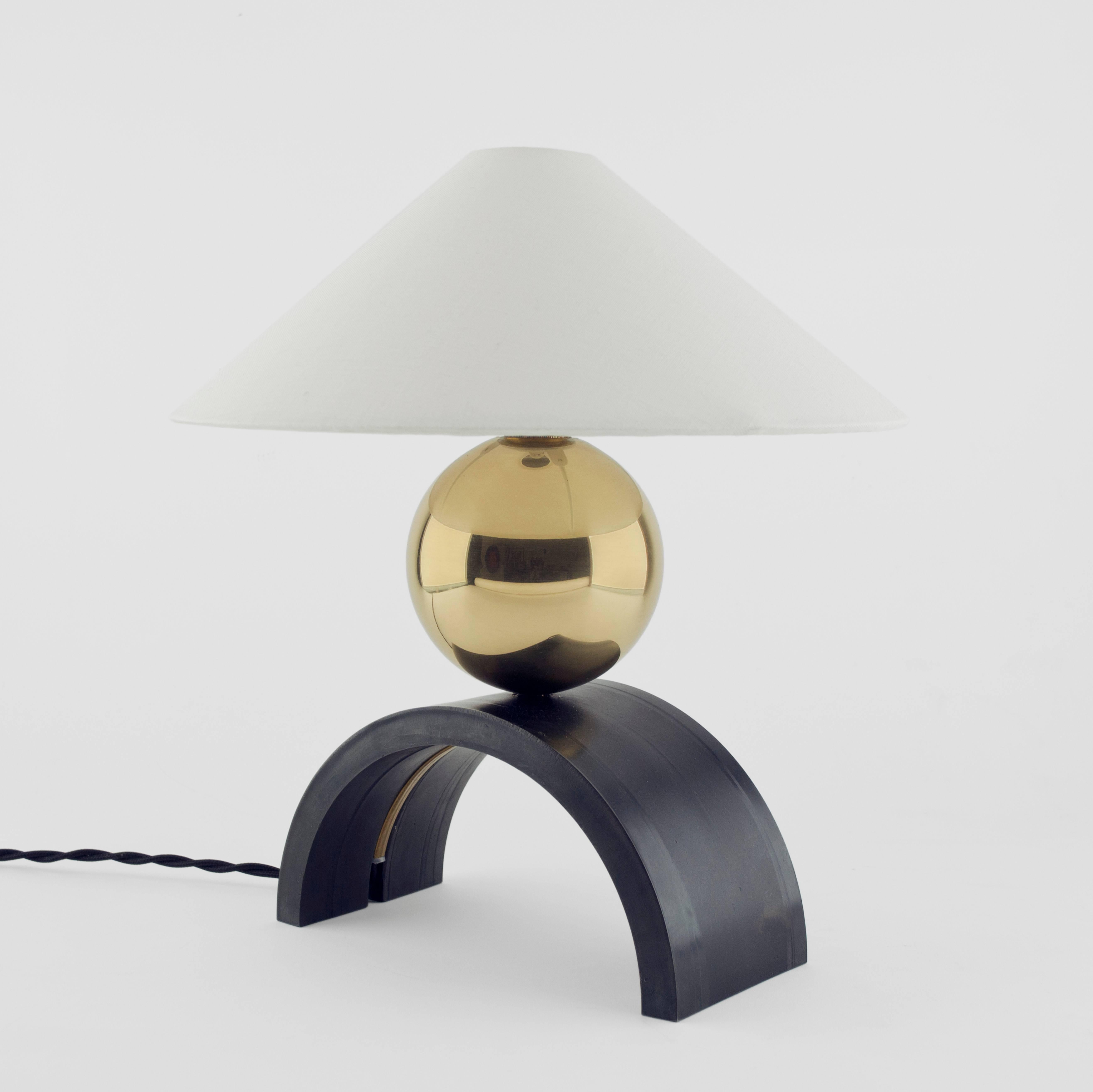 British Contemporary U Lamp with Geometric Arched Steel, Brass Sphere and Linen Shade For Sale