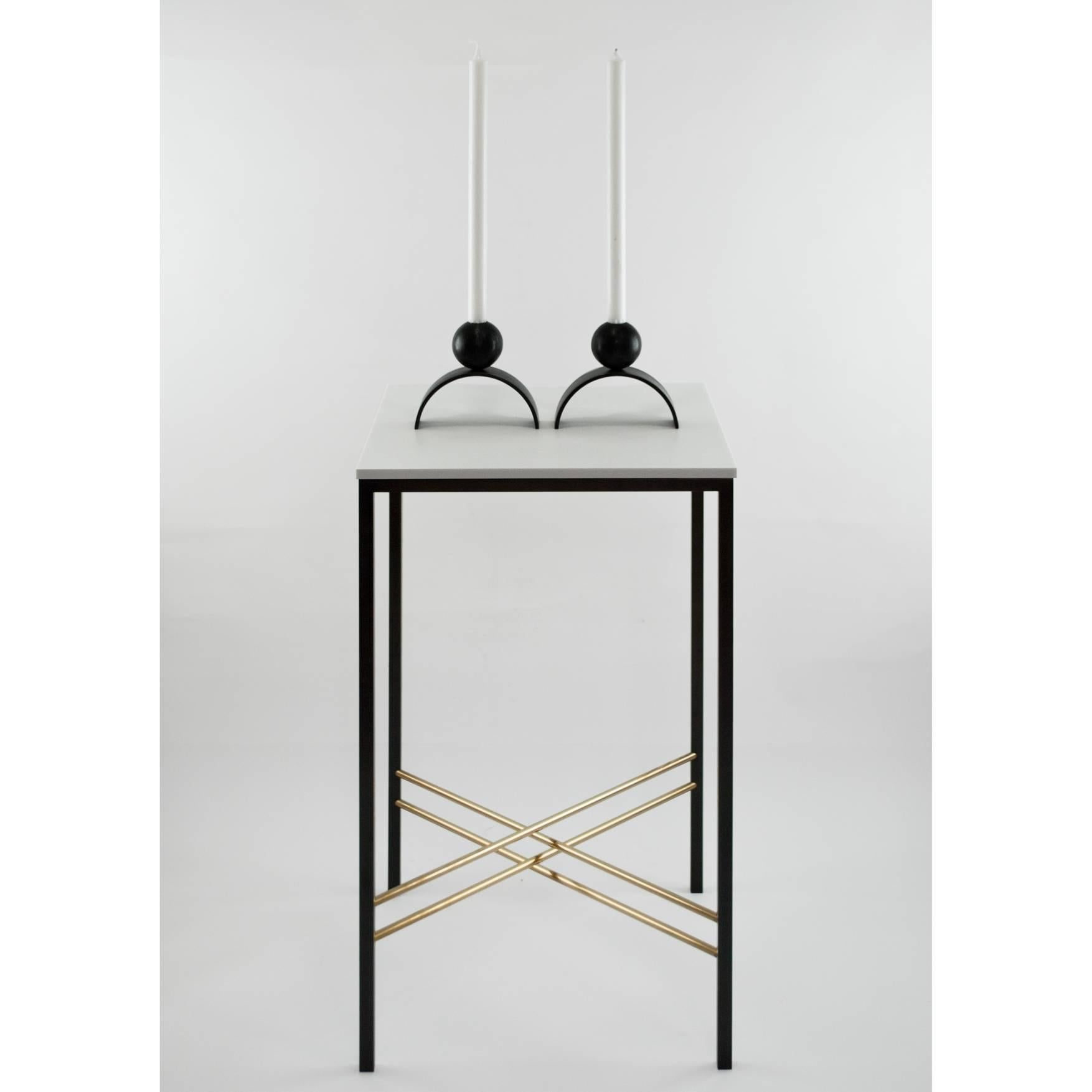 Patinated Contemporary Arch and Ball, Blackened Steel Candleholder 