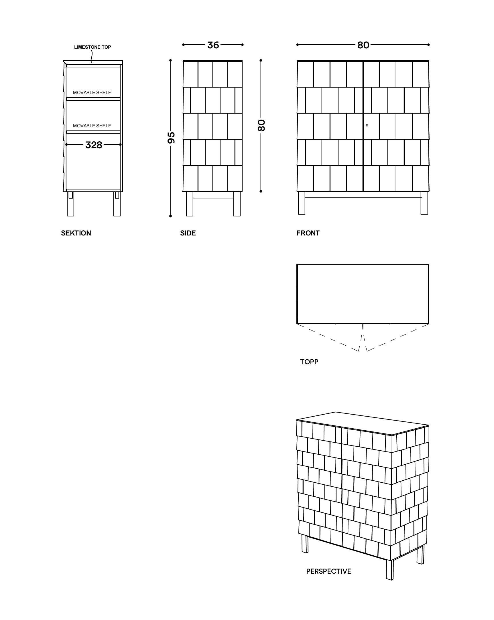 Scandinavian Modern  Scandinavian Cabinet, Shingles, Pine Wood, limestone Top, wooden top  For Sale