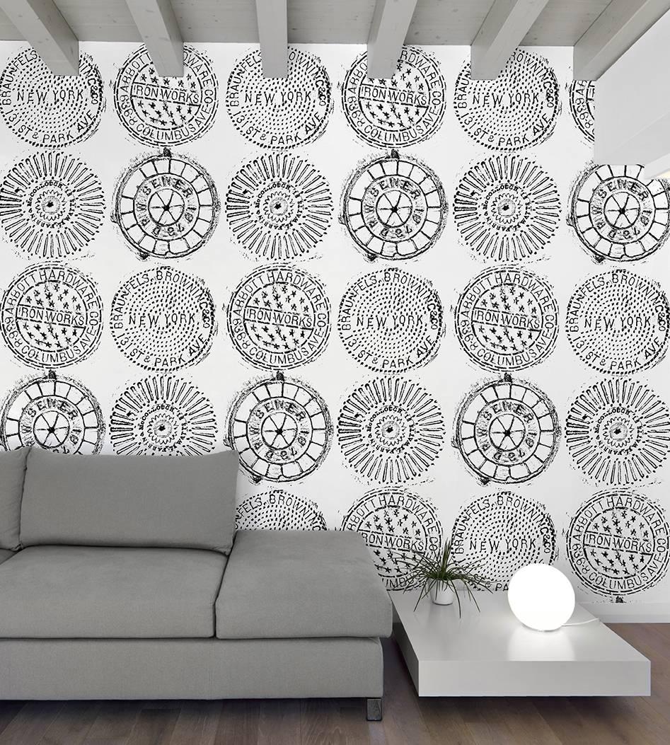 Modern NYC Manhole Printed Wallpaper, White on Black Manhole Cover For Sale