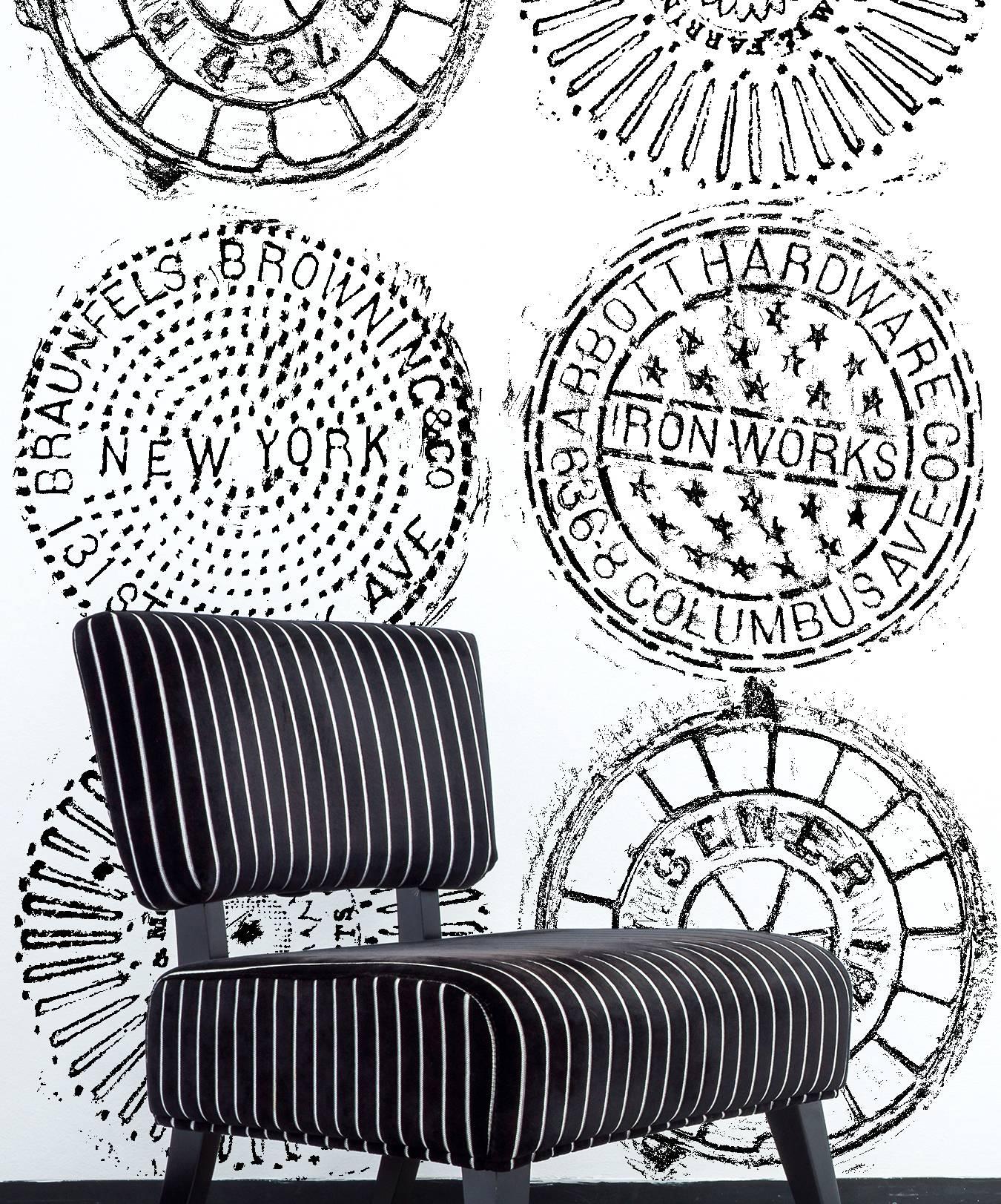 Contemporary NYC Manhole Printed Wallpaper, White on Black Manhole Cover For Sale