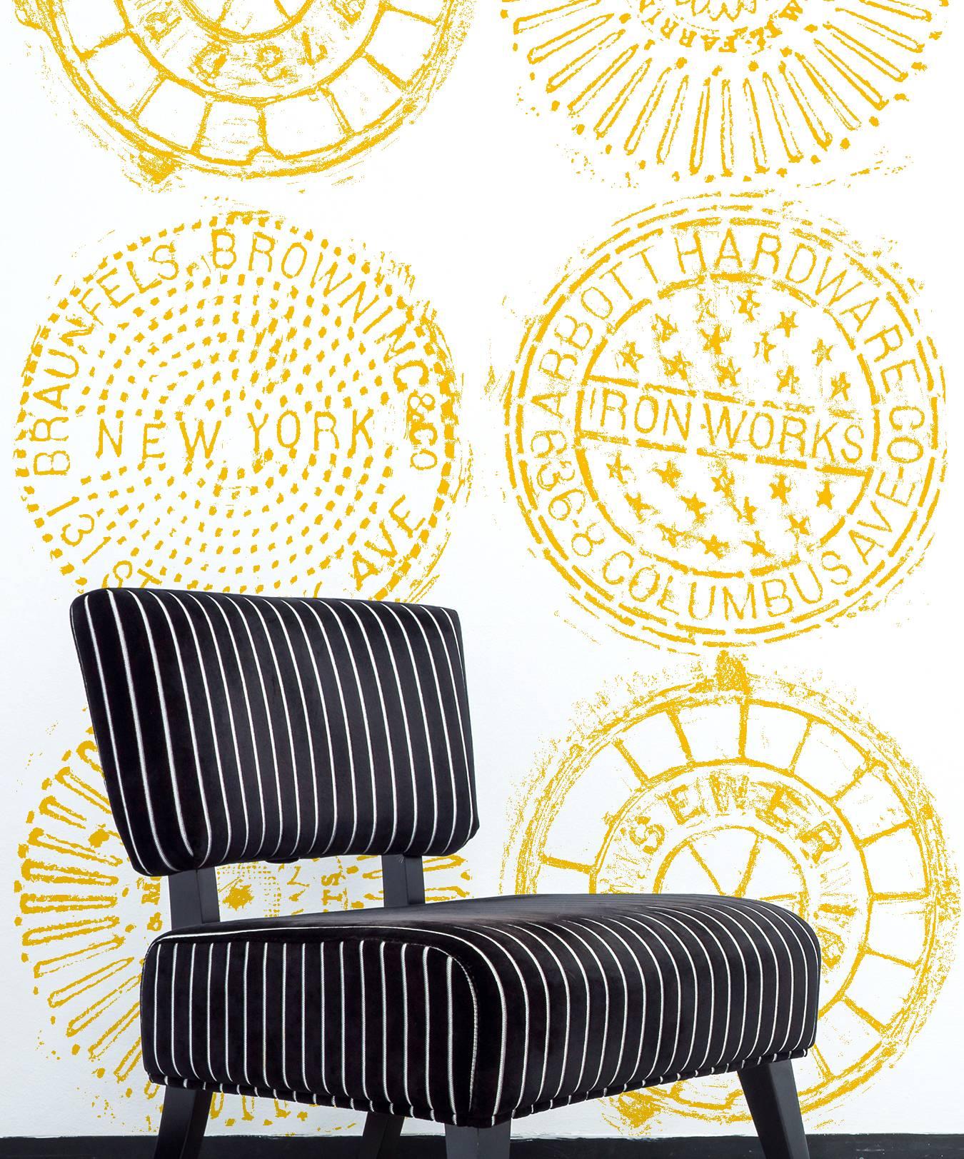 Contemporary NYC Manhole Printed Wallpaper, White on Charcoal Manhole cover For Sale