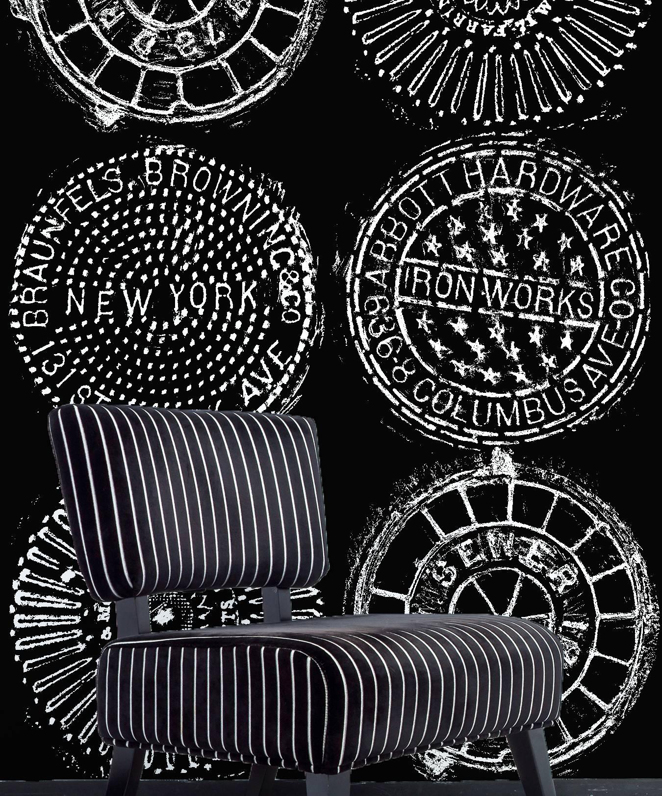 Contemporary NYC Manhole Printed Wallpaper-Black on White Manhole Cover For Sale