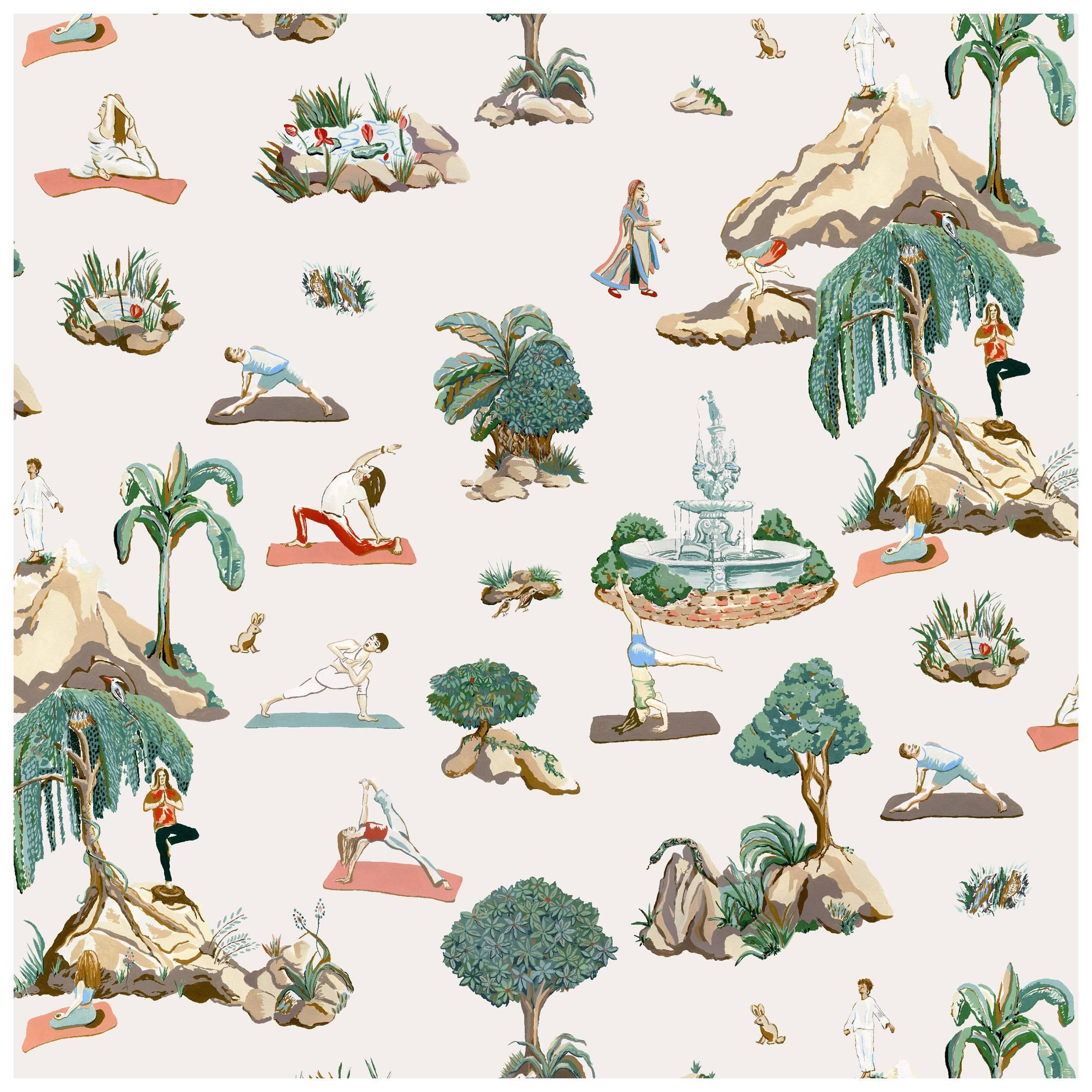 Forest Yoga, Natural Color-Way, Latex Inks on Eco-Friendly Smooth Wallpaper For Sale