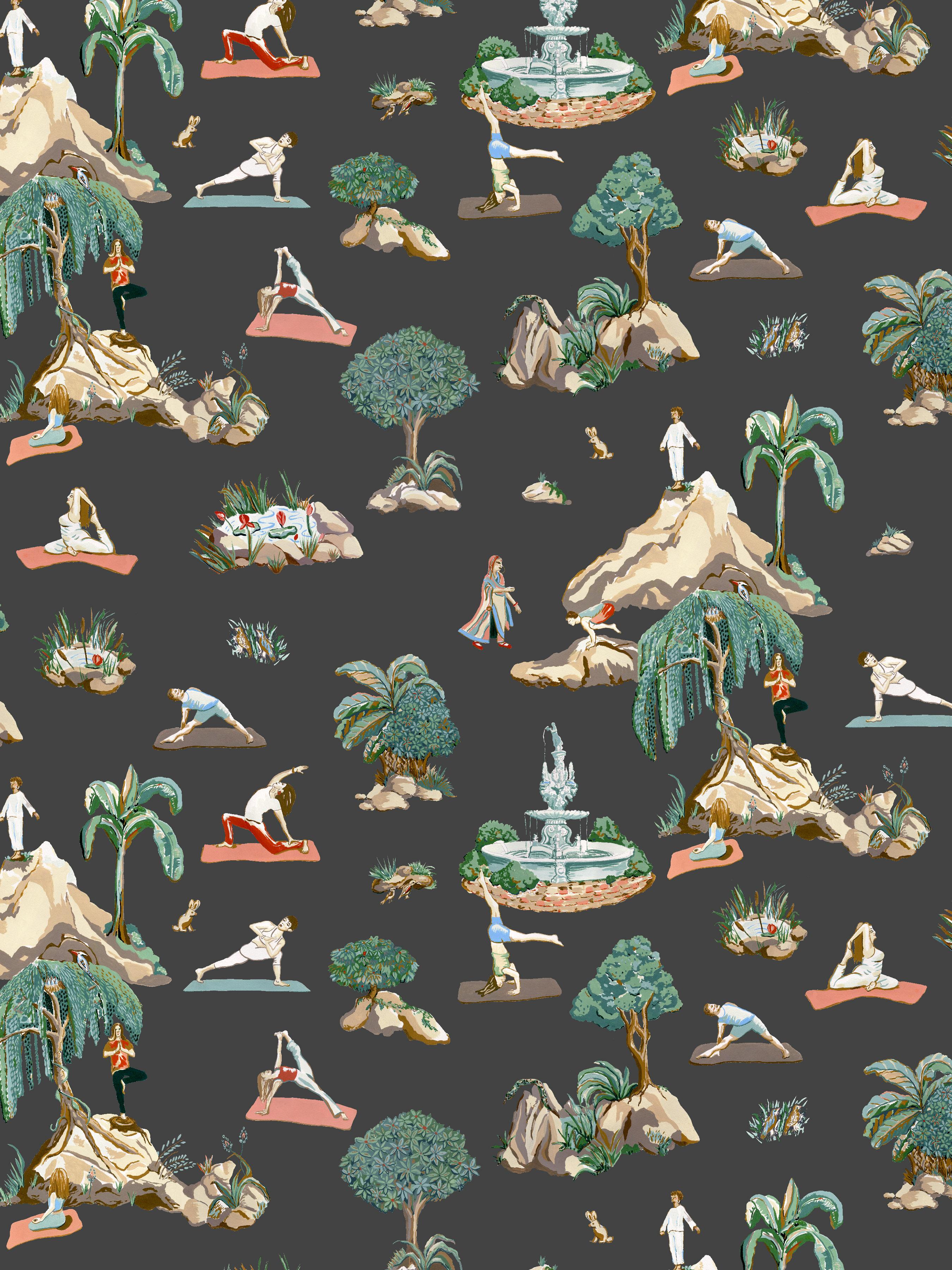 Modern Forest Yoga, Natural Color-Way, Latex Inks on Eco-Friendly Smooth Wallpaper For Sale