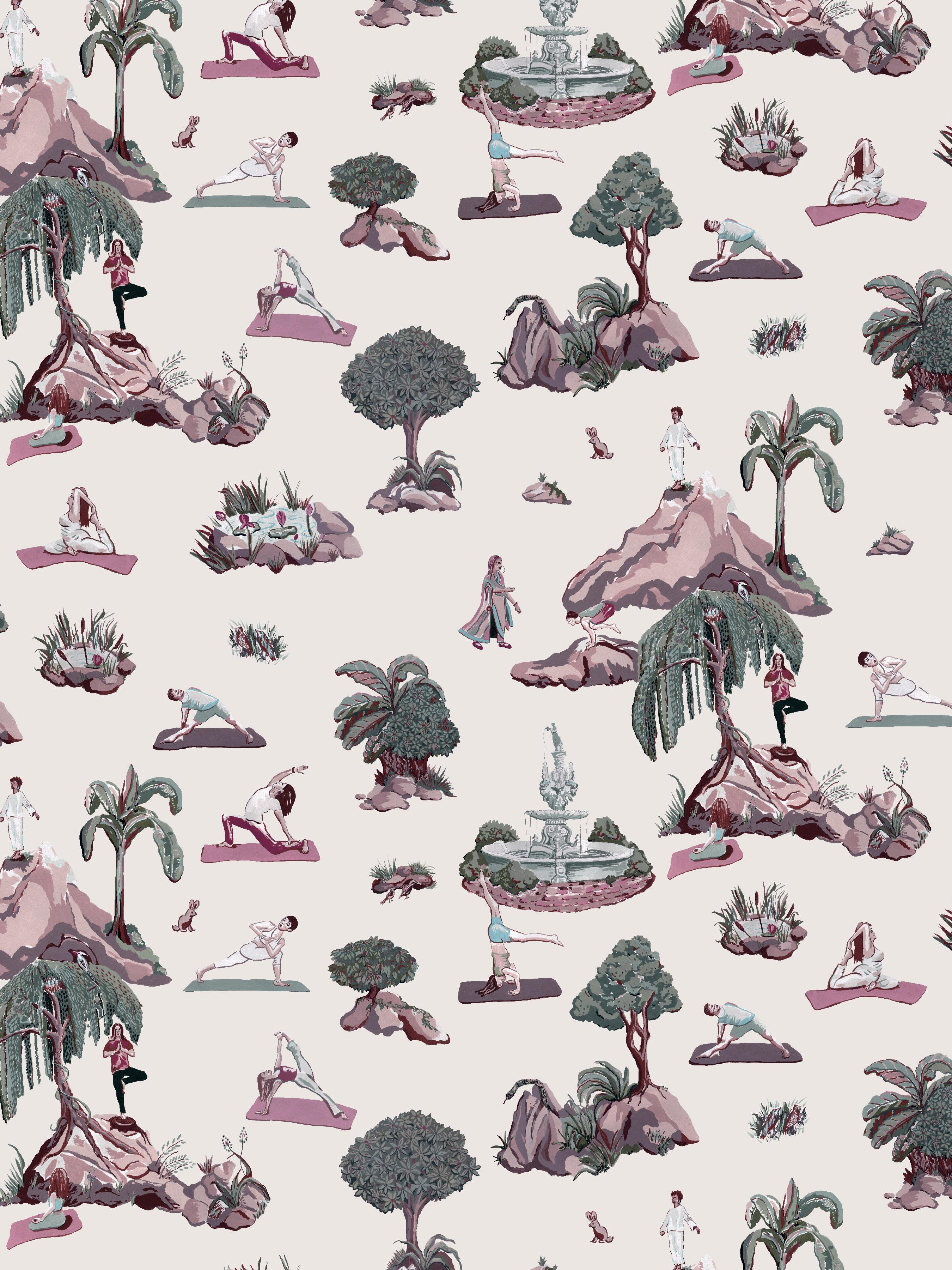 American Forest Yoga, Natural Color-Way, Latex Inks on Eco-Friendly Smooth Wallpaper For Sale