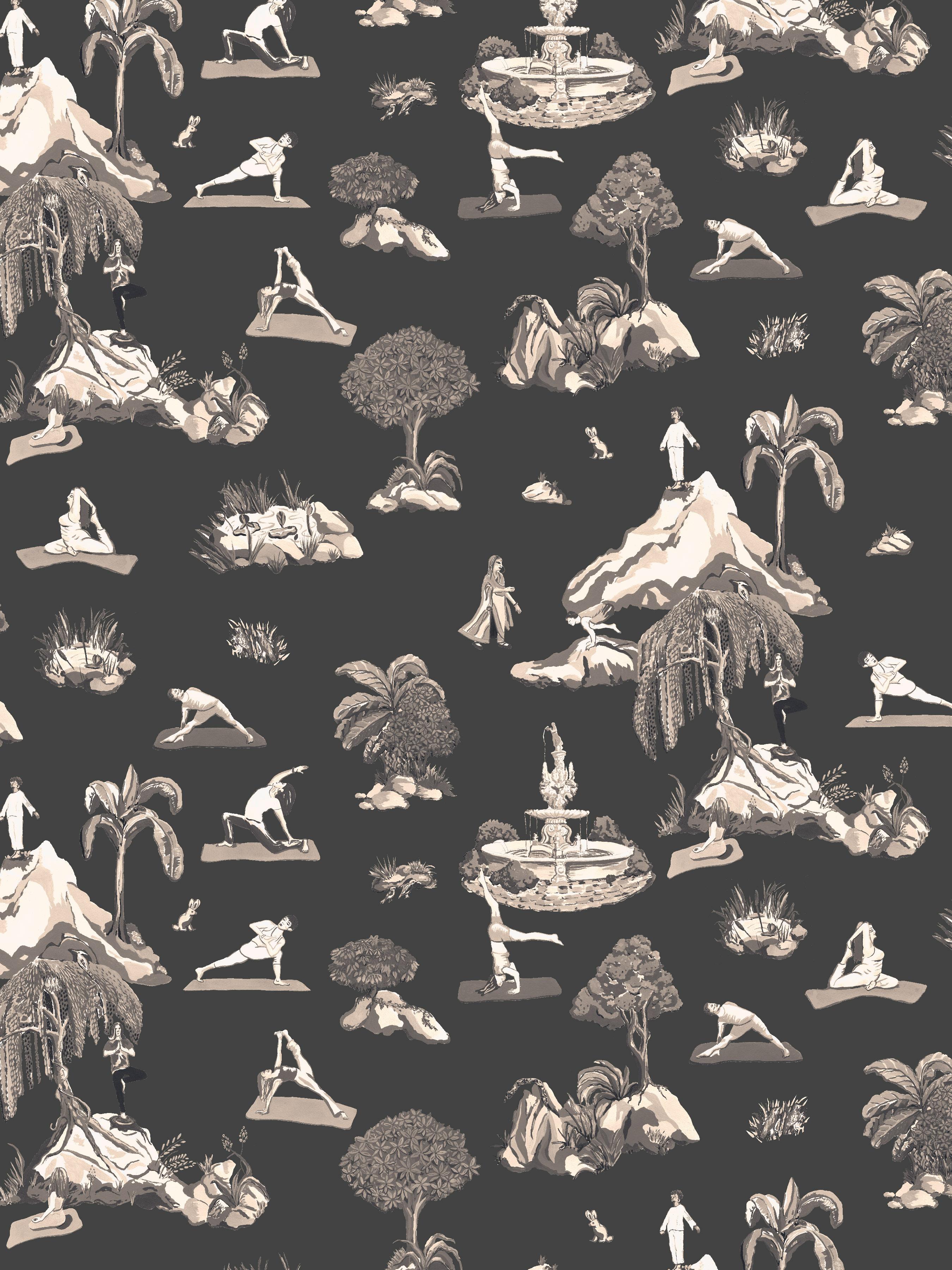 Paper Forest Yoga, Natural Color-Way, Latex Inks on Eco-Friendly Smooth Wallpaper For Sale