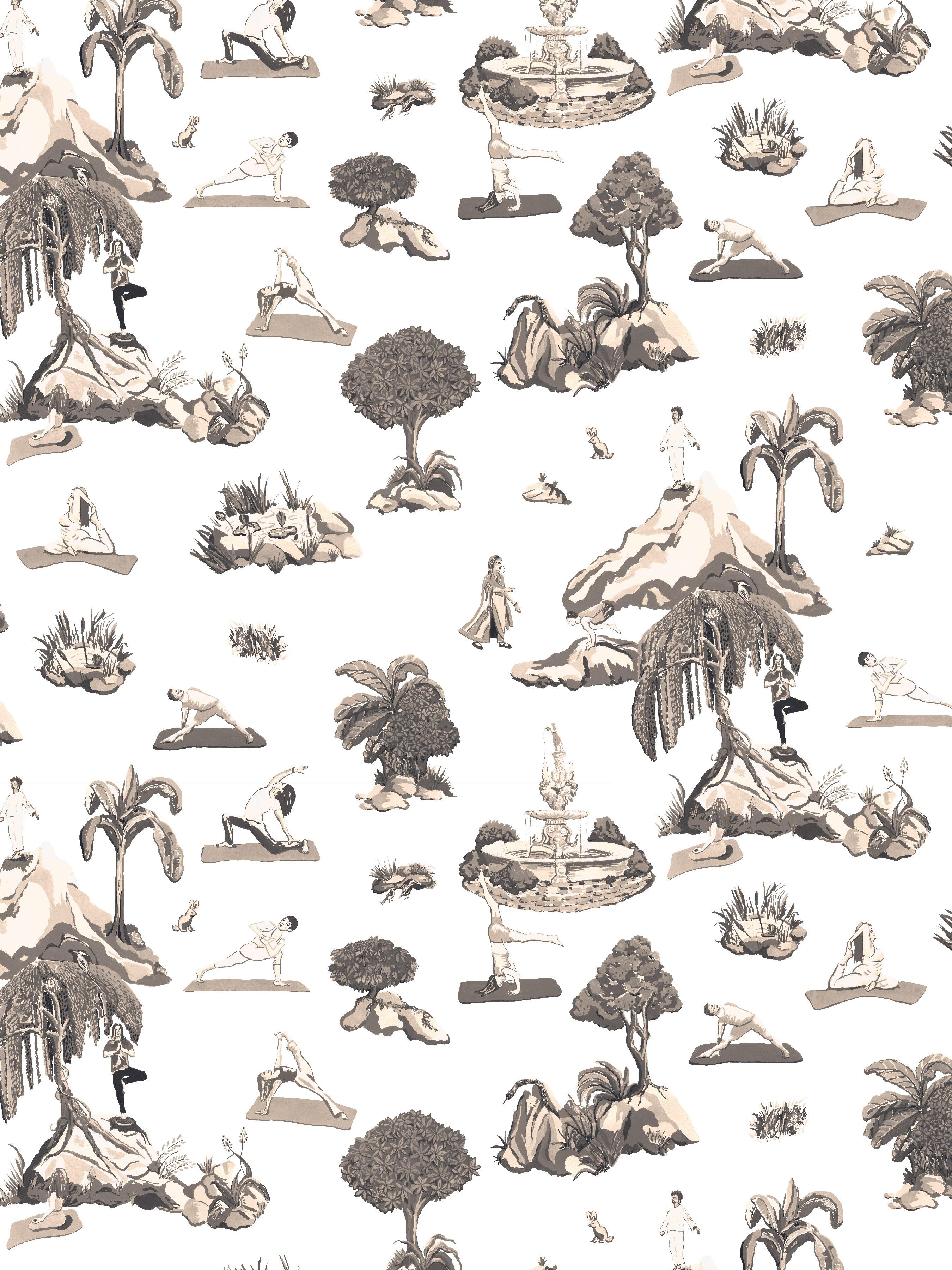 Contemporary Forest Yoga, Natural on Charcoal Color-Way, Eco-Friendly Smooth Wallpaper For Sale