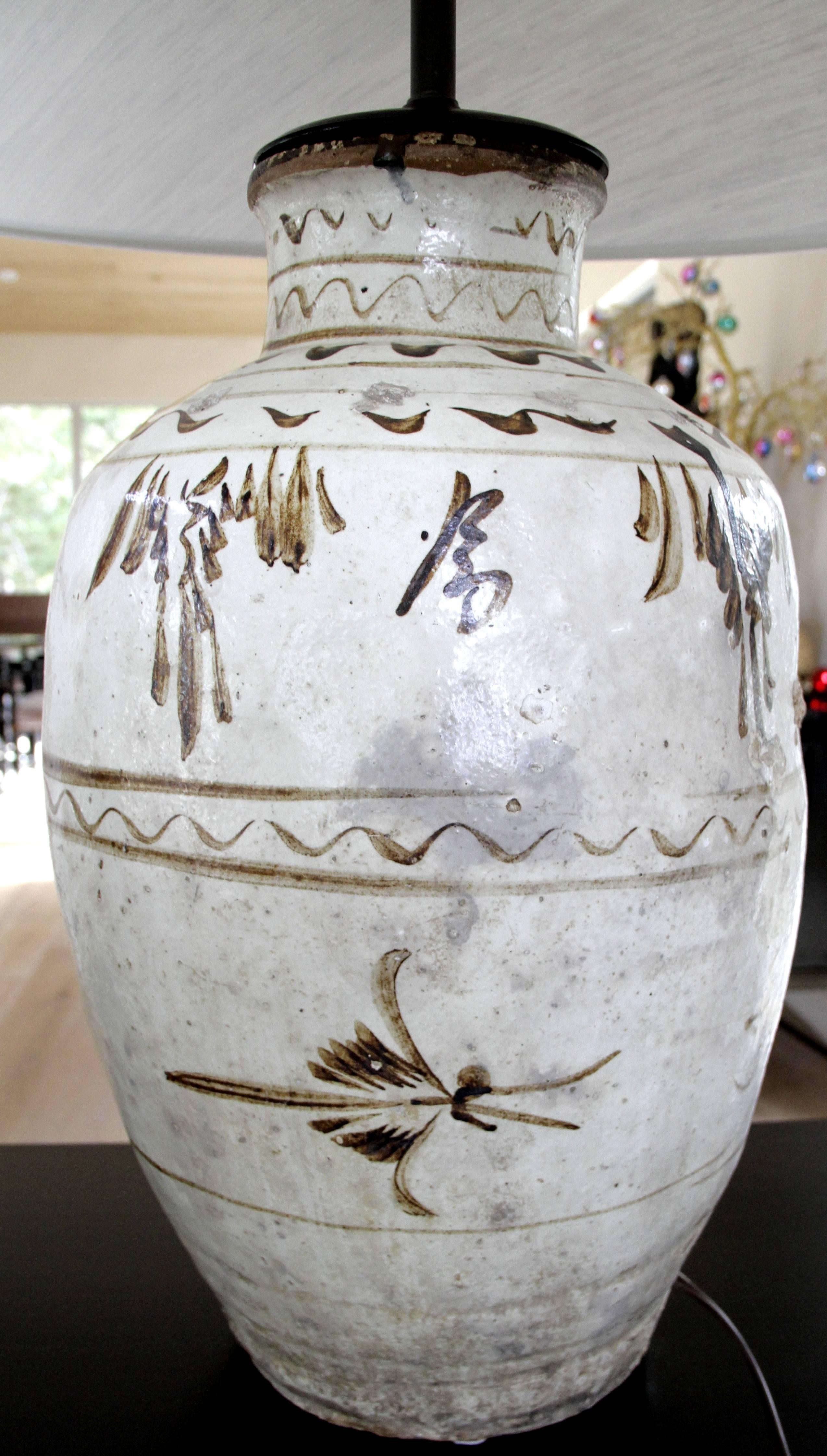 Ceramic Pair of Chinese Wine Storage Jar Vase Lamps New Shades 16th Century Brown Beige