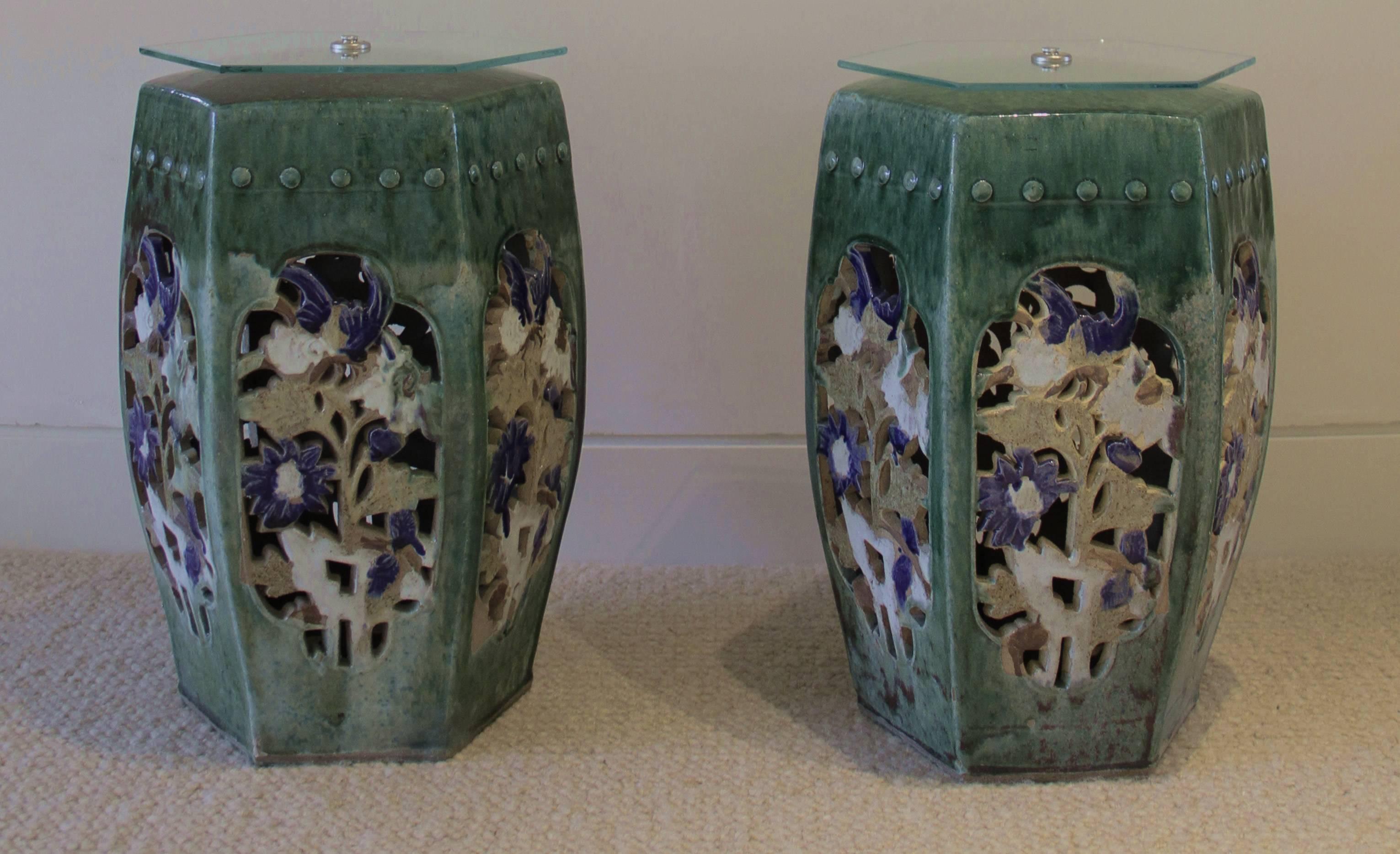 20th Century Garden Stools Pair of Green Chinese Side Tables Drink Tables For Sale
