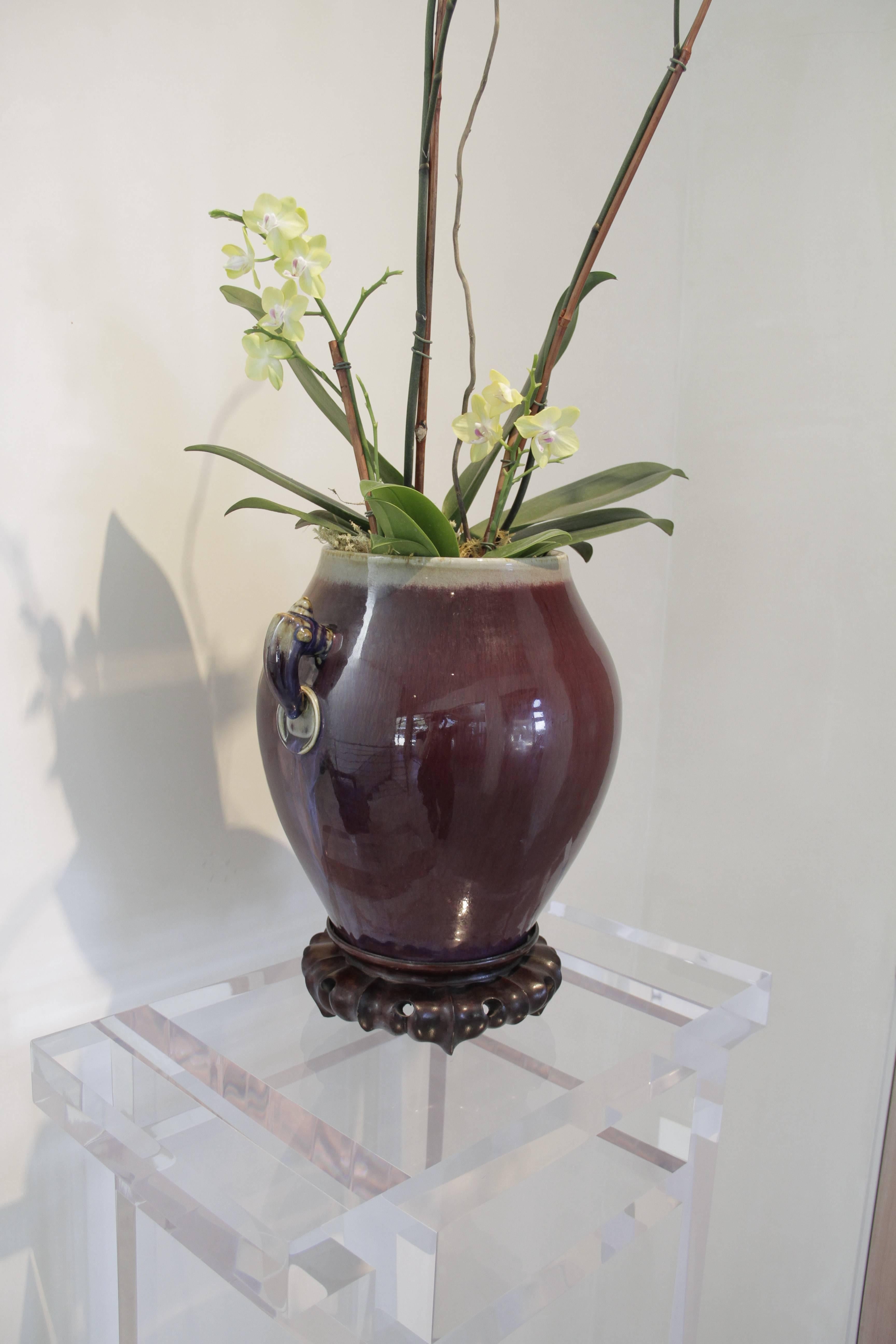 This vase from China dates back to circa 1875-1908 from the Ching dynasty, Kwang-Hsu period. It is an excellent example of the pottery technique and color called Oxblood. It comes with a wooden carved stand. 

As designers we plant these vases with