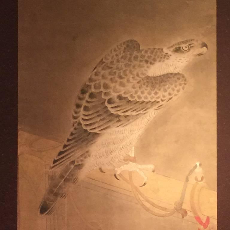19th Century Japanese Screen Painting Falcon Three Screens White Falcon Black Falcon Screen 2 For Sale