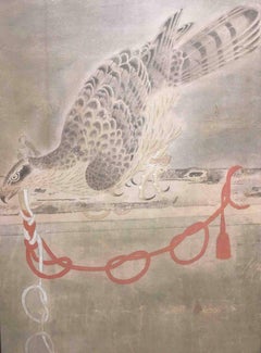 Japanese Screen Painting Falcon Three Screens White Falcon Black Falcon Screen 2