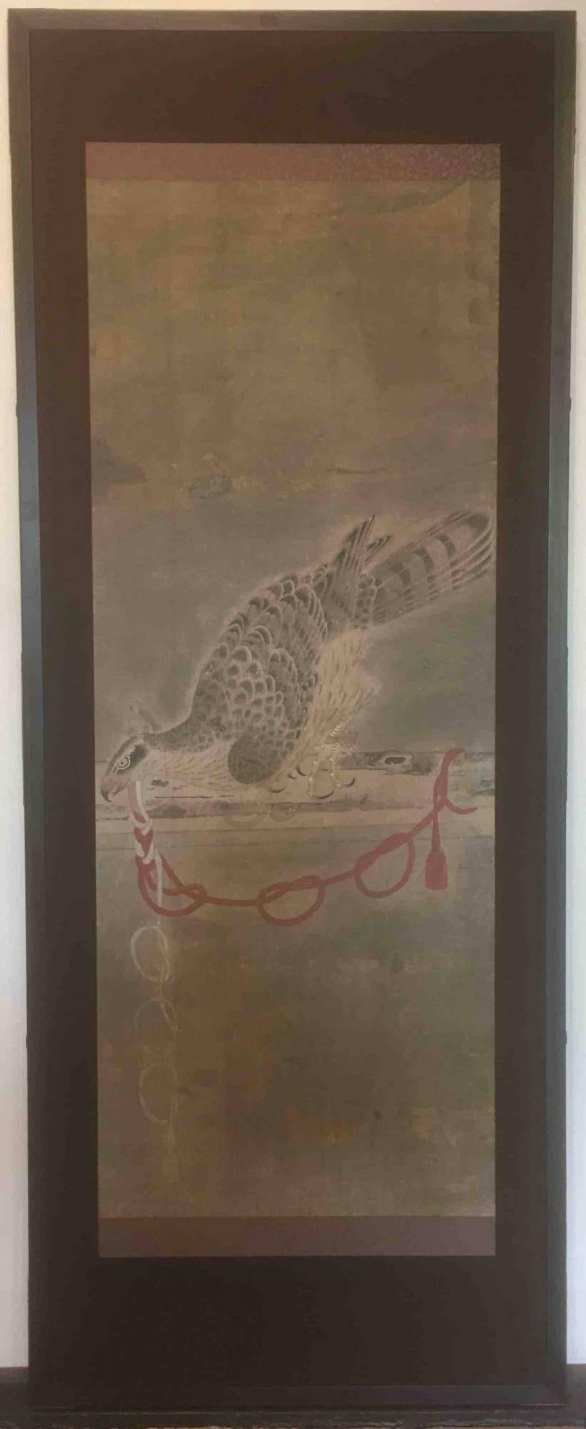 Hand-Painted Japanese Screen Painting Falcon Three Screens White Falcon Black Falcon Screen 3