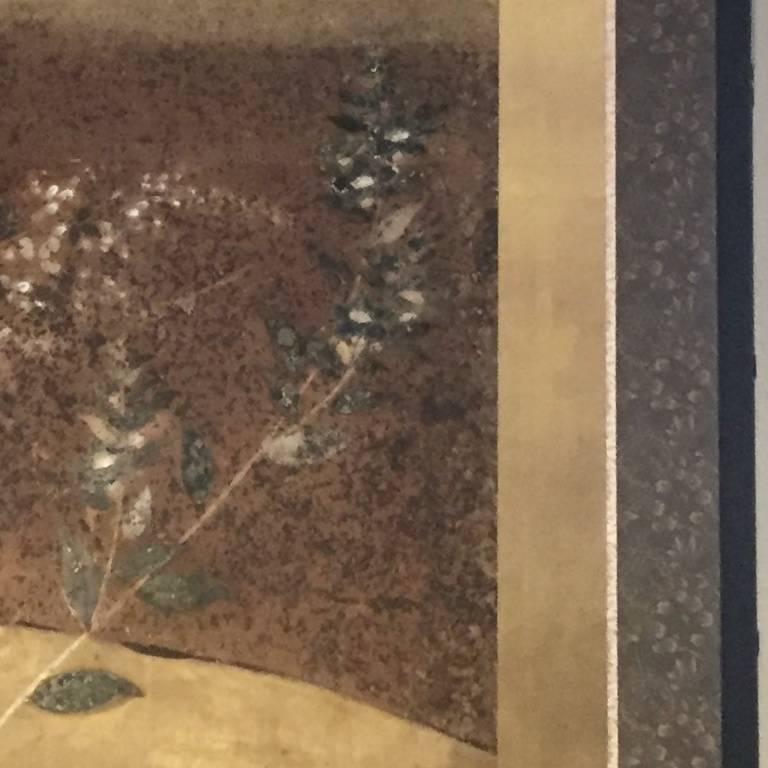 Hand-Painted Screen Painting Blue Gold Plants Flowers Framed Rinpa Japan 18th Century