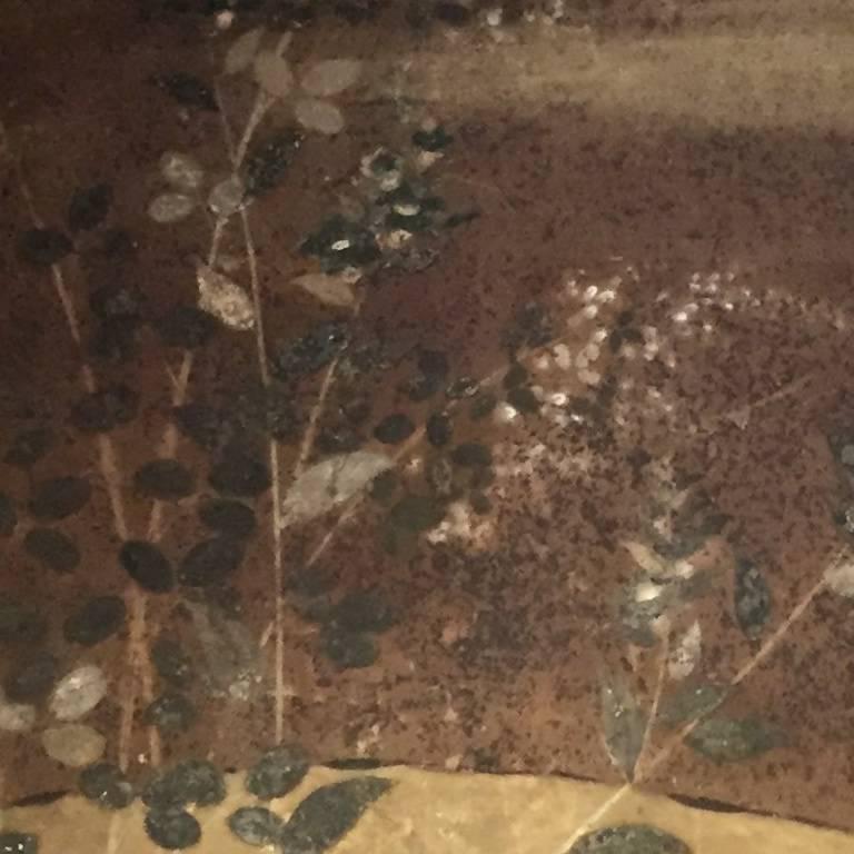 Silk Screen Painting Blue Gold Plants Flowers Framed Rinpa Japan 18th Century