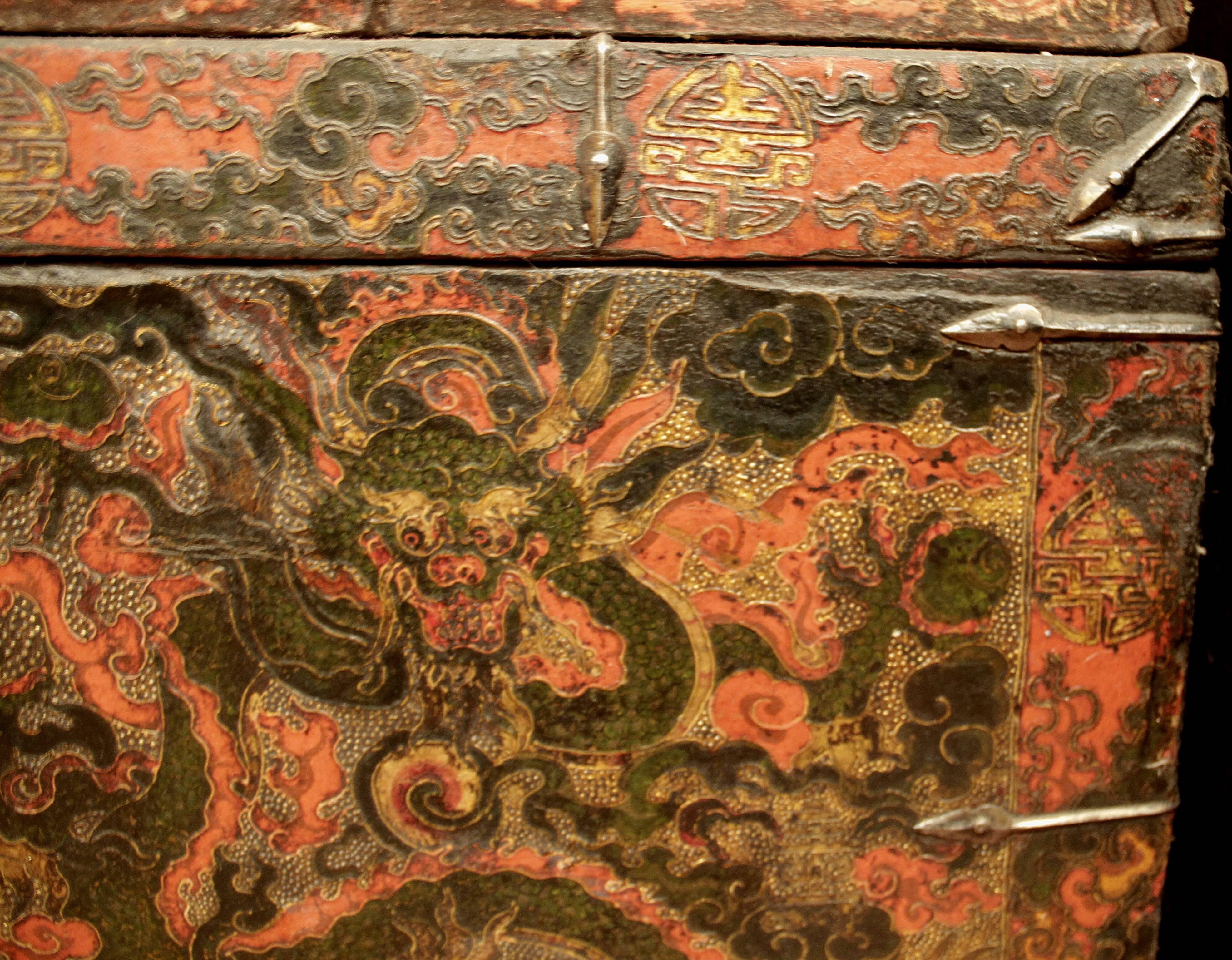 Tibetan Lasa Monastery Gam Wood Trunk 19th Century Dragon Red Black Casegood For Sale 4