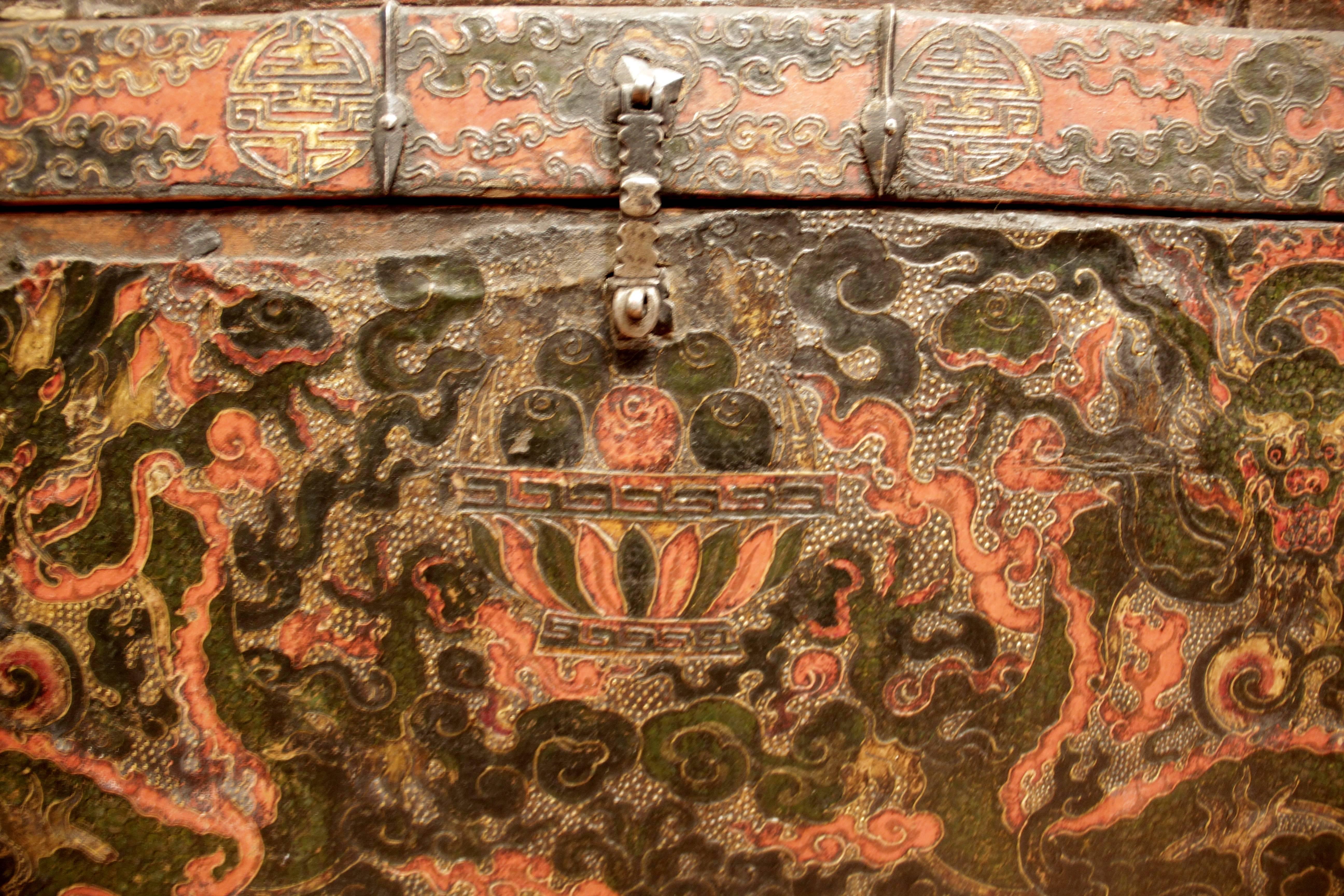 Tibetan Lasa Monastery Gam Wood Trunk 19th Century Dragon Red Black Casegood For Sale 2
