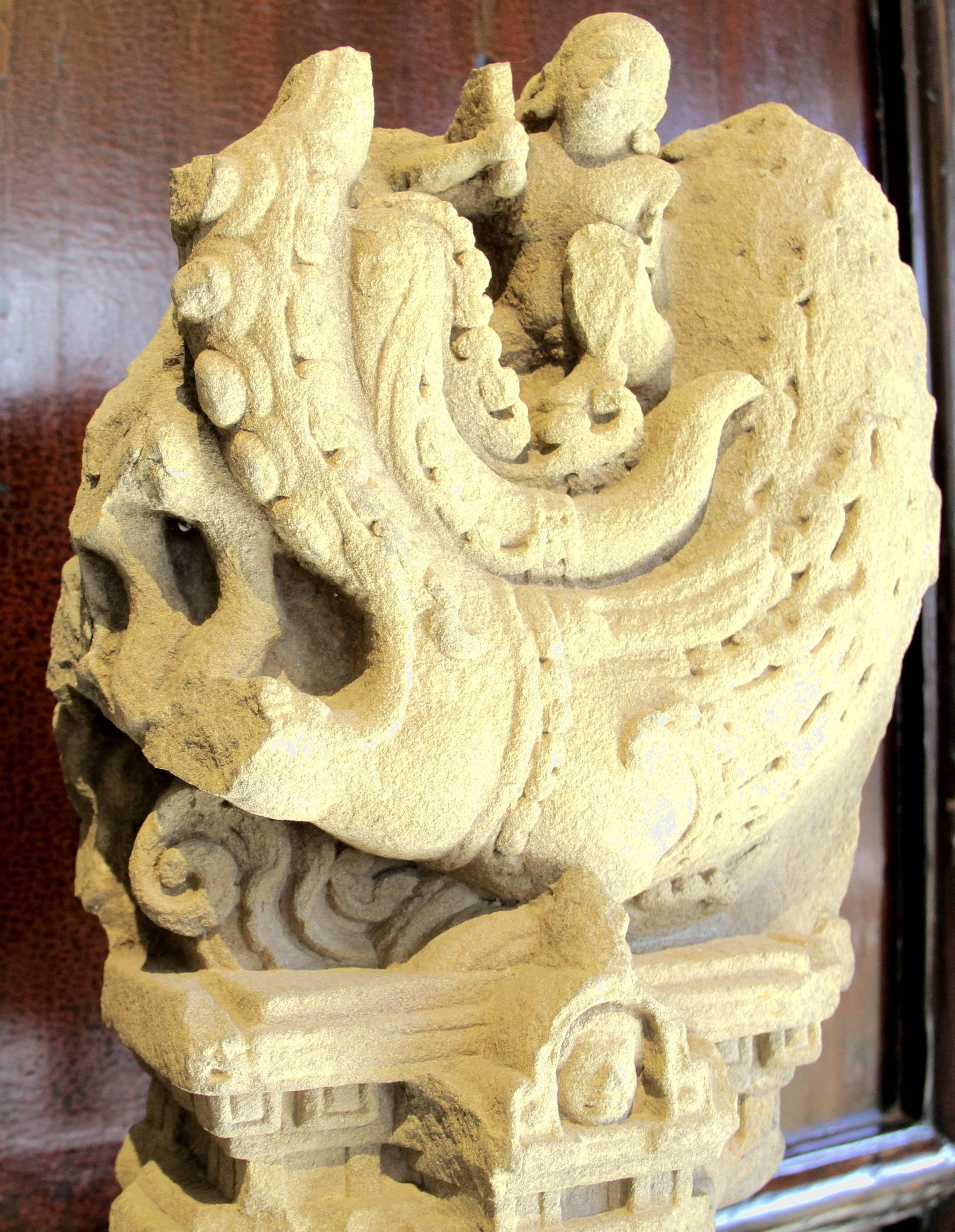This sandstone sculpture of Makara is from Champa, what is now known as Vietnam from the 11th Century. 
Makara (Sanskrit: ???) is a sea-creature in Hindu culture. It is generally depicted as half terrestrial animal in the frontal part (stag, deer,
