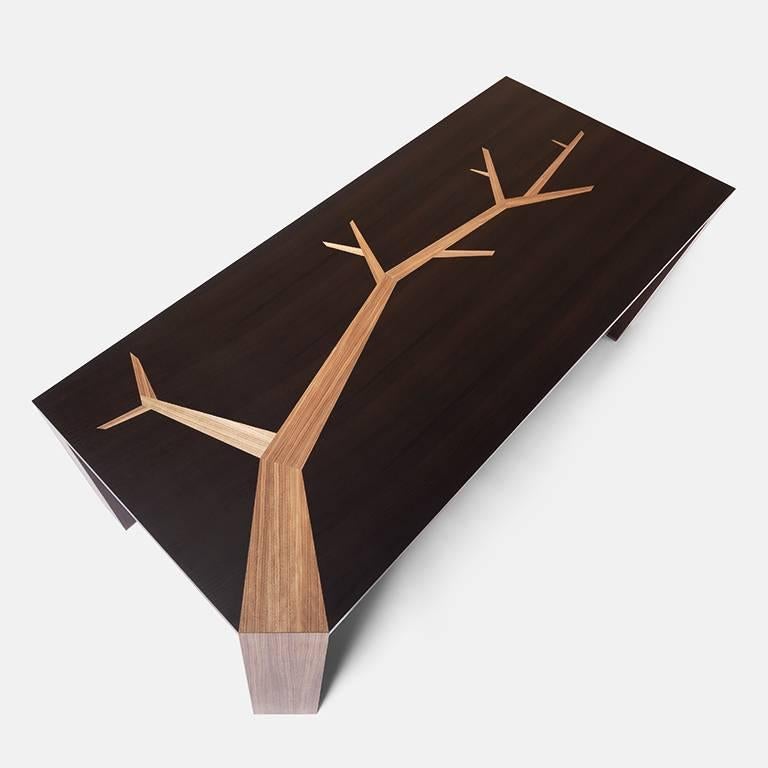 French Angkor Wood Dining Table Smoked Oak and Walnut Tree Marquetry  by Olivier Dollé For Sale