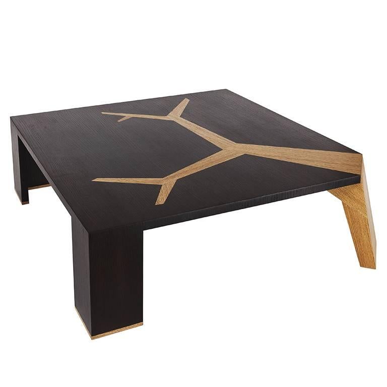 French Angkor Coffee Table Smoked Oak Marquetry Natural Oak  by Olivier Dollé For Sale