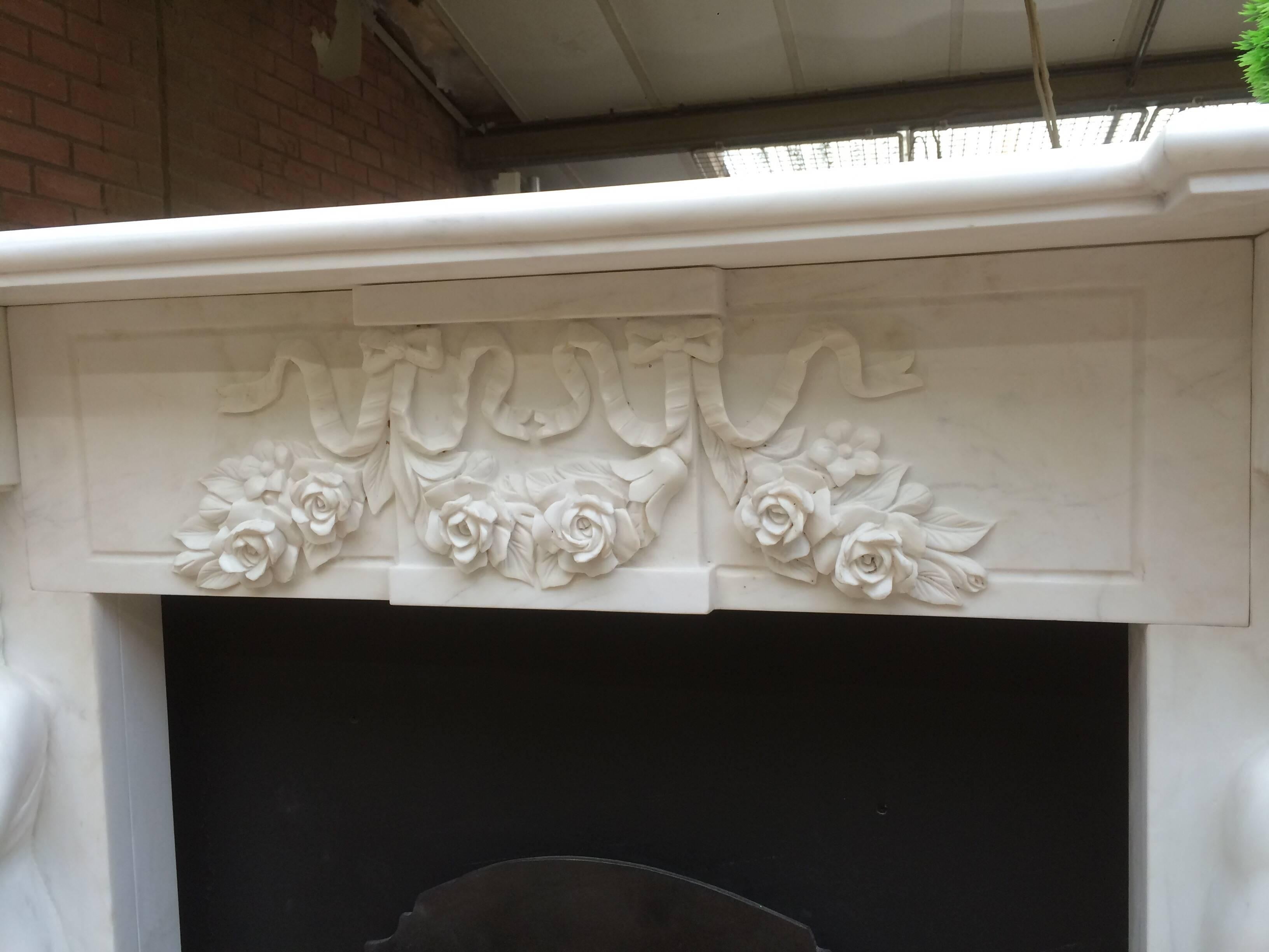 French Period Statuary Marble Fireplace Surround & Cast Iron Insert