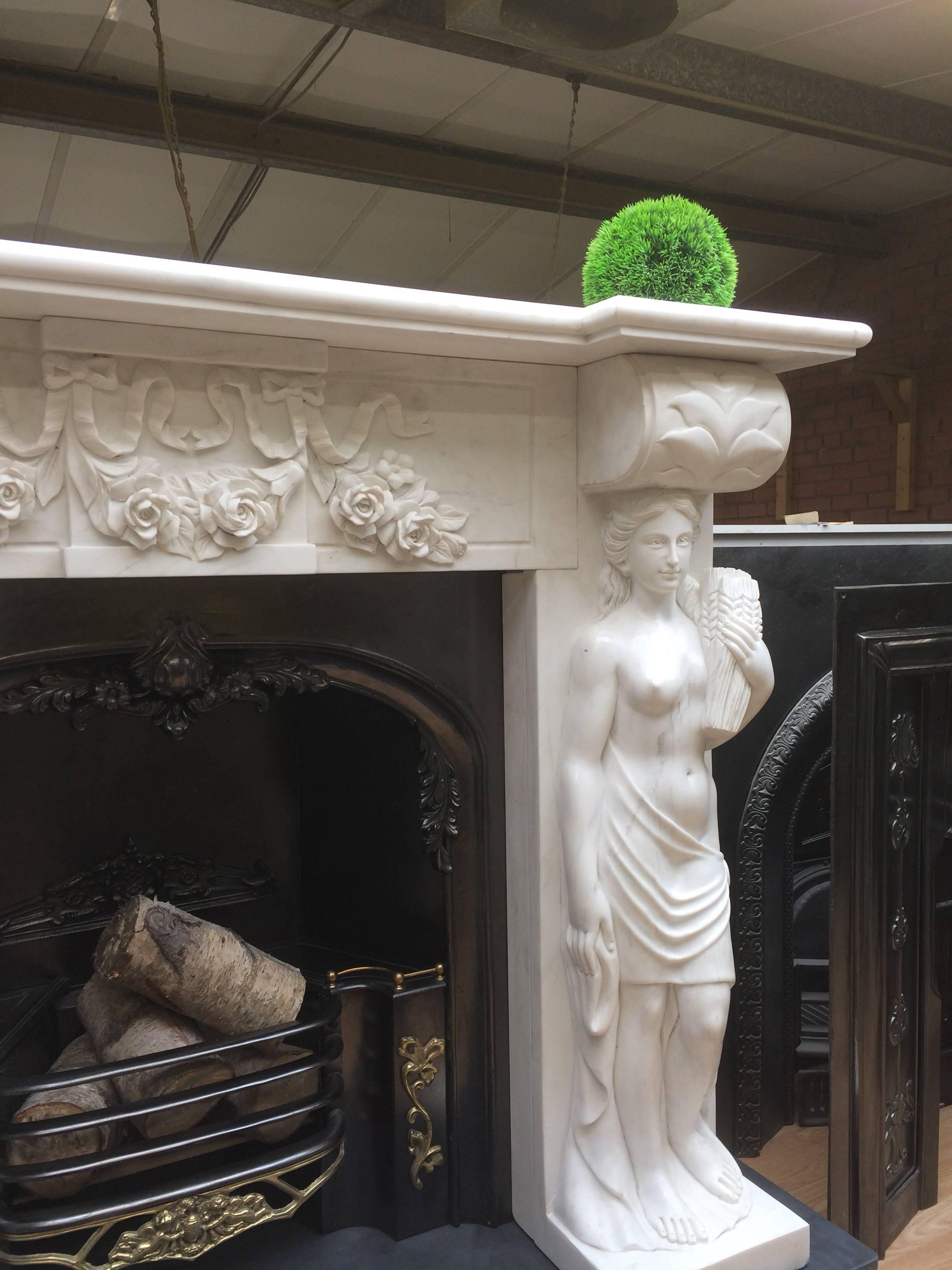 Late 20th Century Period Statuary Marble Fireplace Surround & Cast Iron Insert