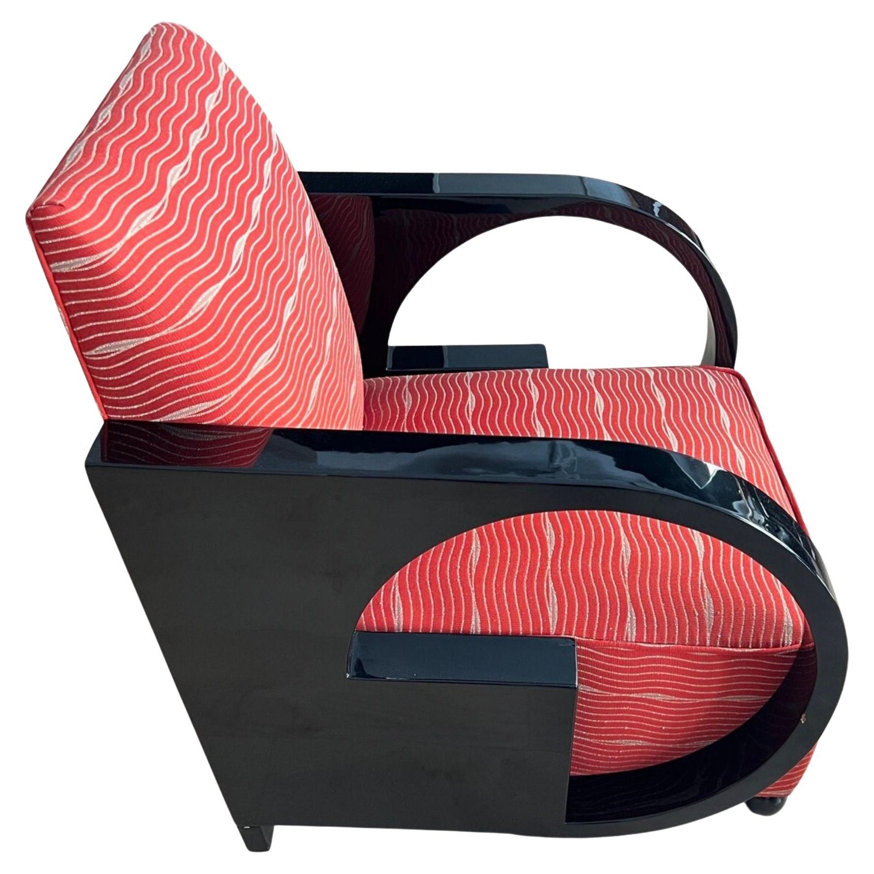 Art Deco Club Chair, Black Lacquer and Red Fabric, France circa 1930 For Sale