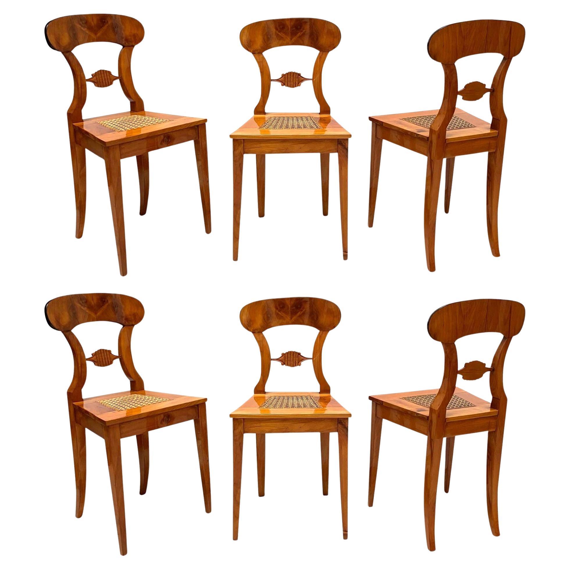 Satz von sechs Biedermeier-Brettstühlen, Kirschbaumholz und Netz, Wien um 1830 im Angebot