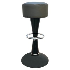 1950s French Barstool, Black Lacquered Metal, Chromed, Grey Leather