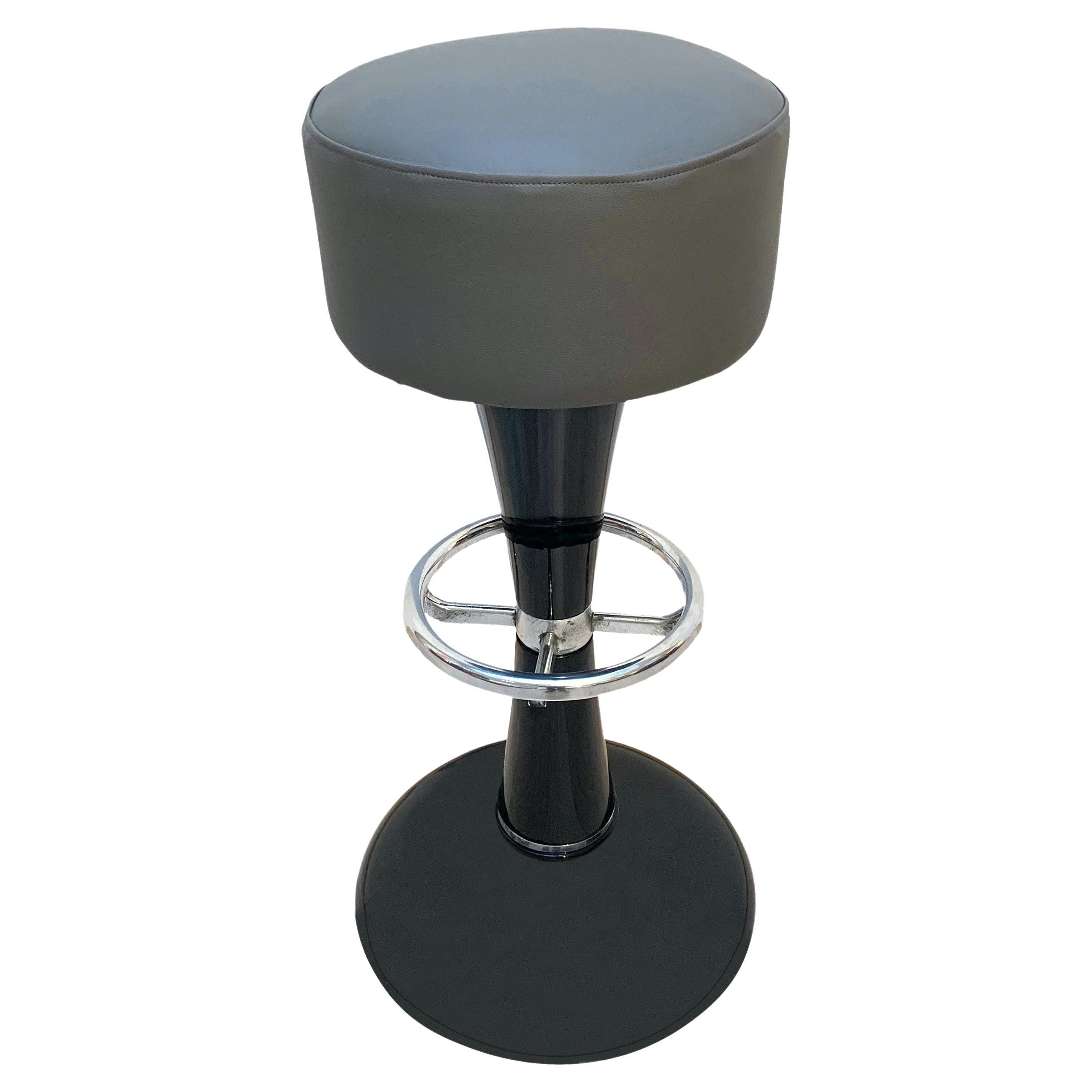 Metal Barstools, Black Lacquer, Chrome, Grey Leather, France, 1950s For Sale