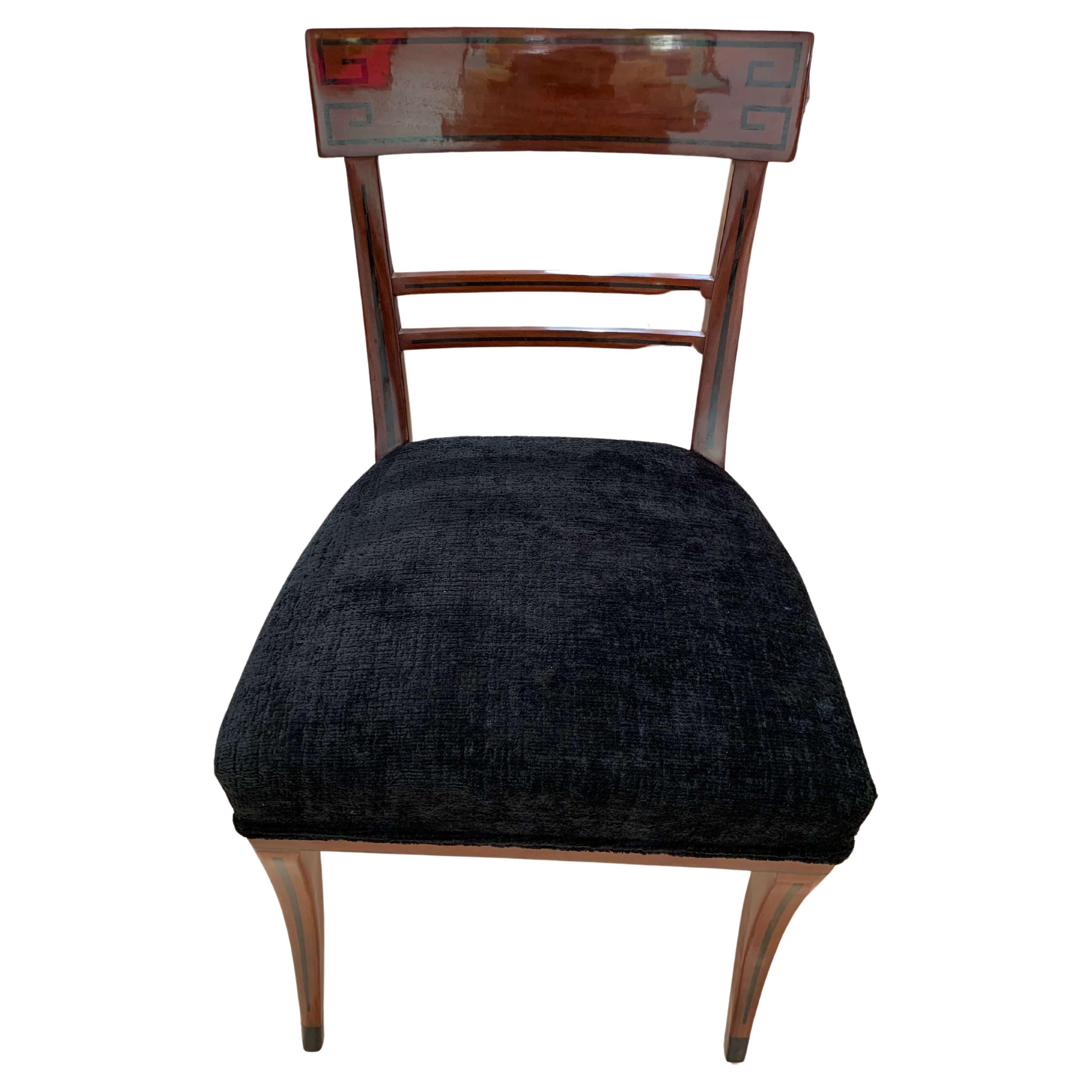 German Biedermeier Side Chair, Mahogany, Ebony Inlays, Black Velvet, Austria circa 1820 For Sale