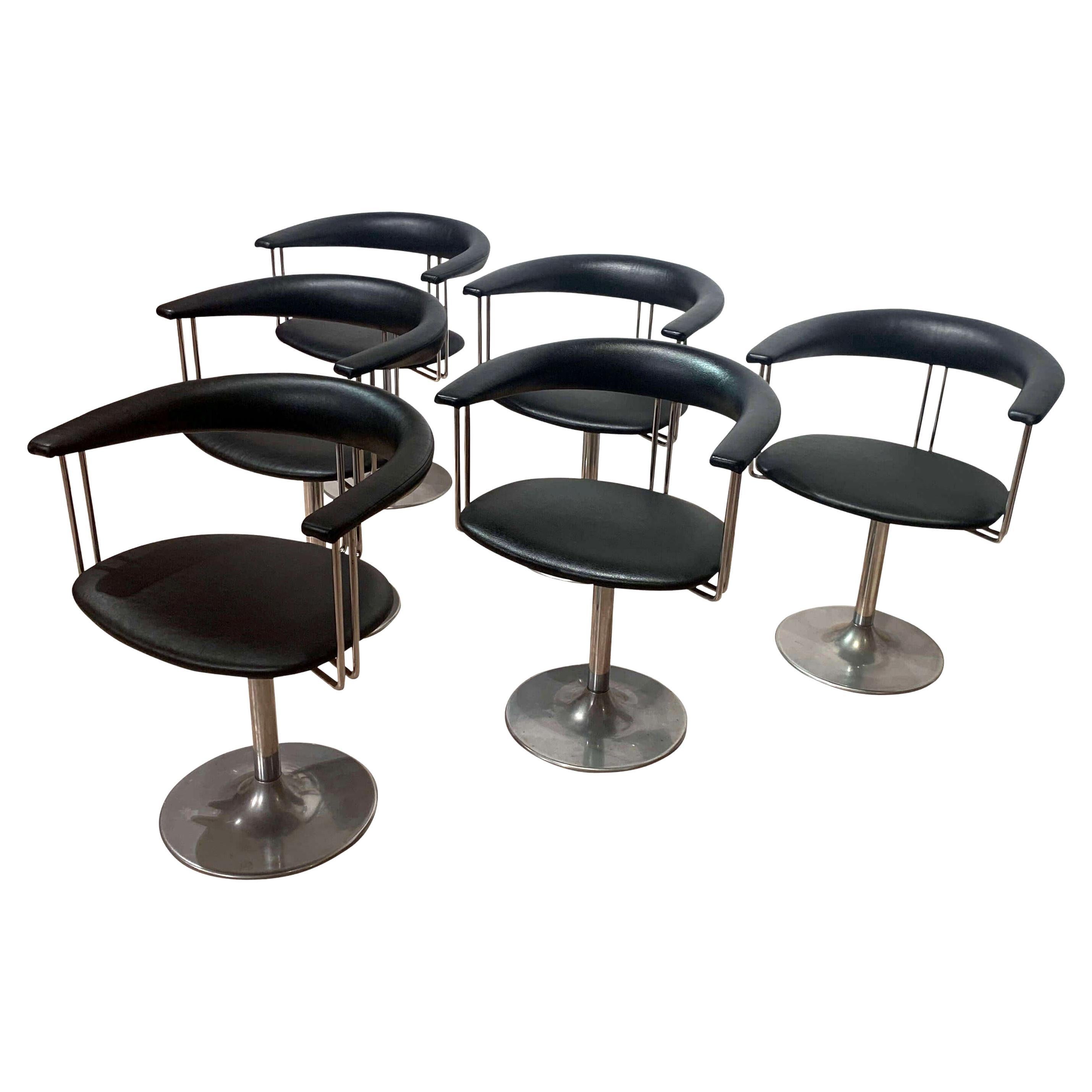 Set of 6 Swivel Armchairs, Black Leather and Metal, Netherlands circa 1970s