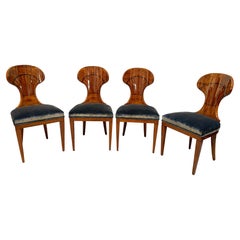 Antique Set of Four Austrian Biedermeier Chairs, Ash Veneer, Grey Velvet, Circa 1890