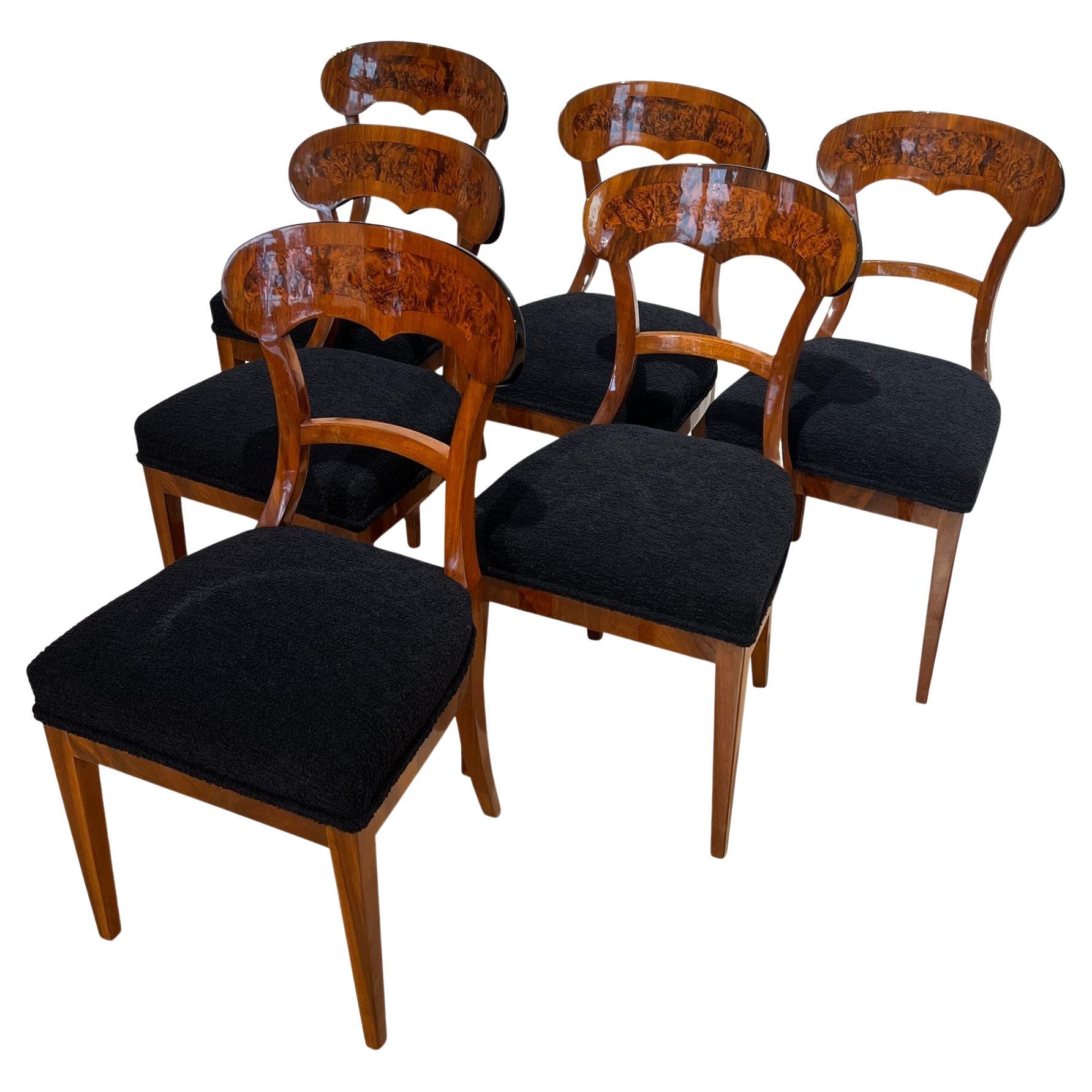Set of 6 Biedermeier Shovel Chairs, Walnut and Burl Veneer, South Germany, 1840s