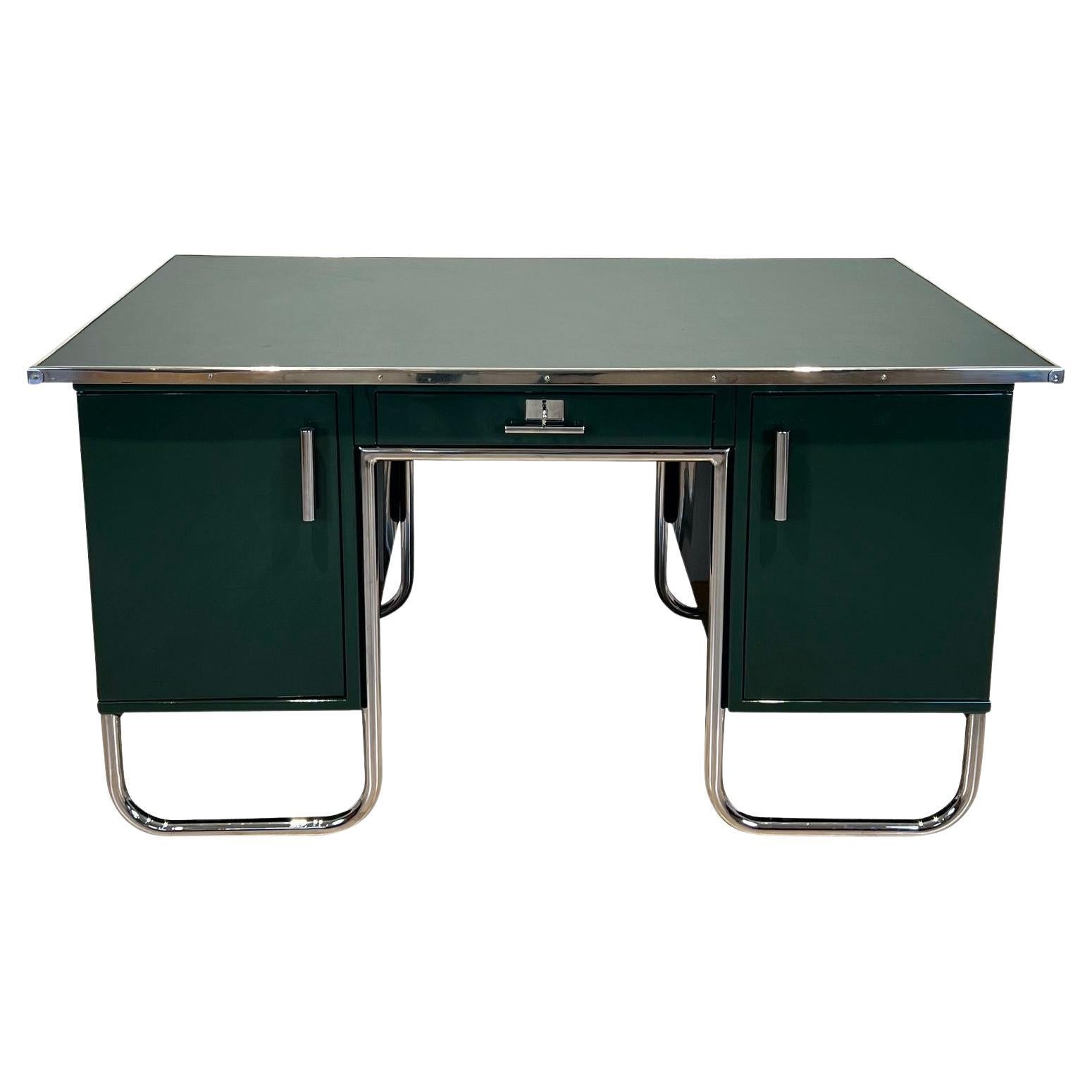 Bauhaus-Partner-Schreibtisch, grün lackiertes Metall und Chrom, Deutschland um 1930