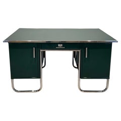 Vintage Bauhaus Partners Desk, Green Lacquered Metal and Chrome, Germany circa 1930