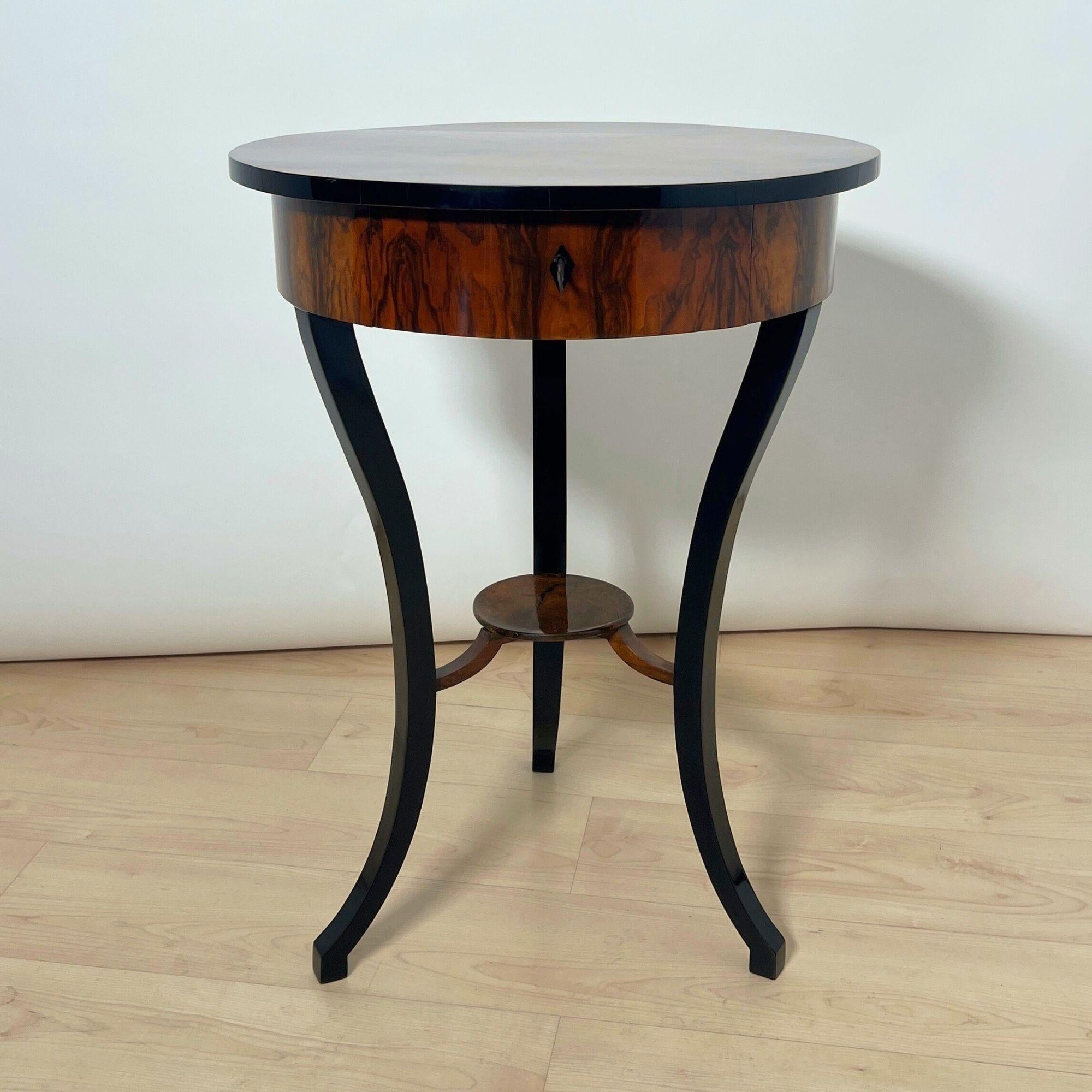 Iron Round Biedermeier Sewing Table, Walnut, Ebonized Legs, South Germany circa 1825 For Sale