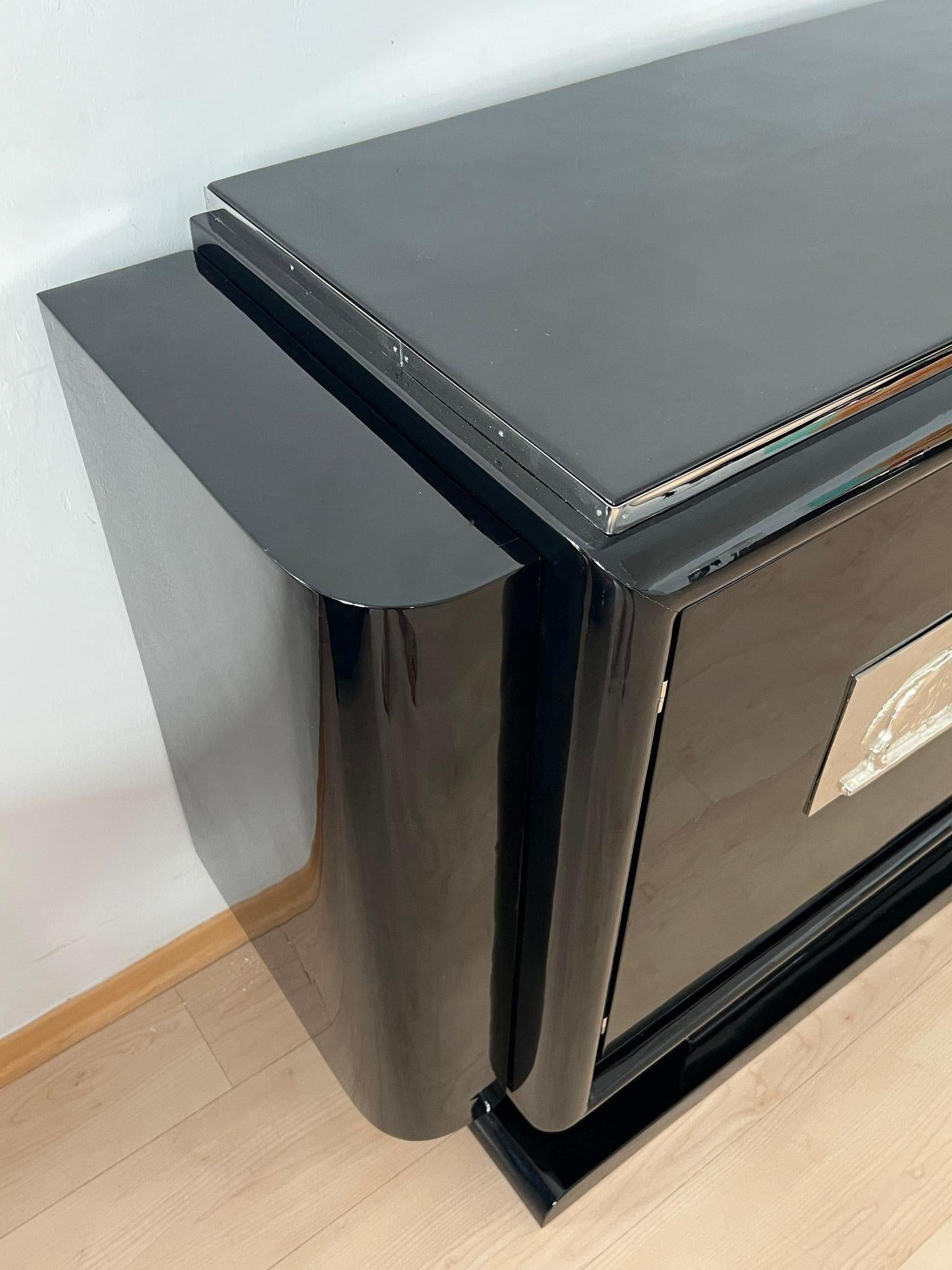 Glass Art Deco Bar-Sideboard, Black Lacquer, Chromed Lion Appliqués, France circa 1930 For Sale