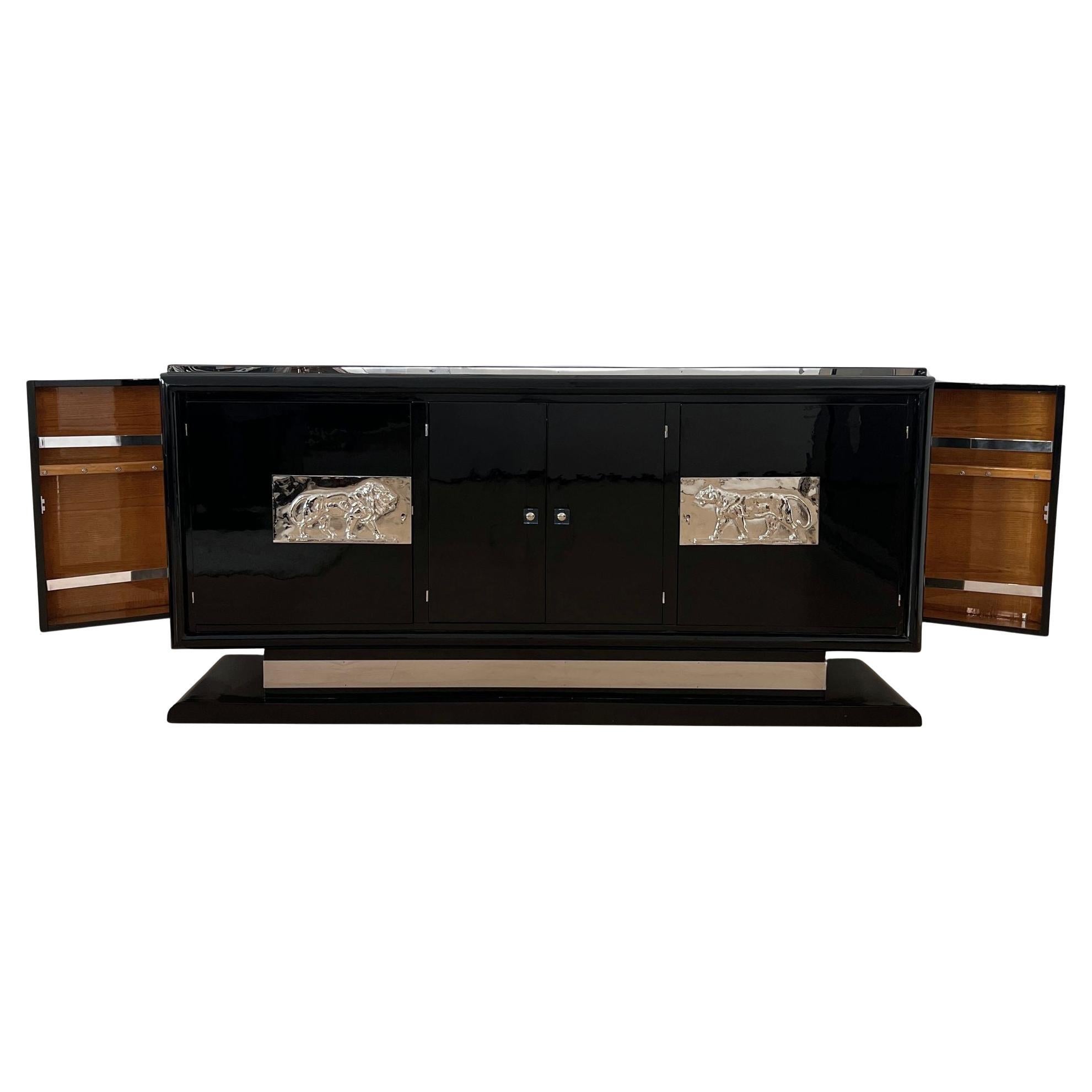 Art Deco Bar-Sideboard, Black Lacquer, Chromed Lion Appliqués, France circa 1930 For Sale