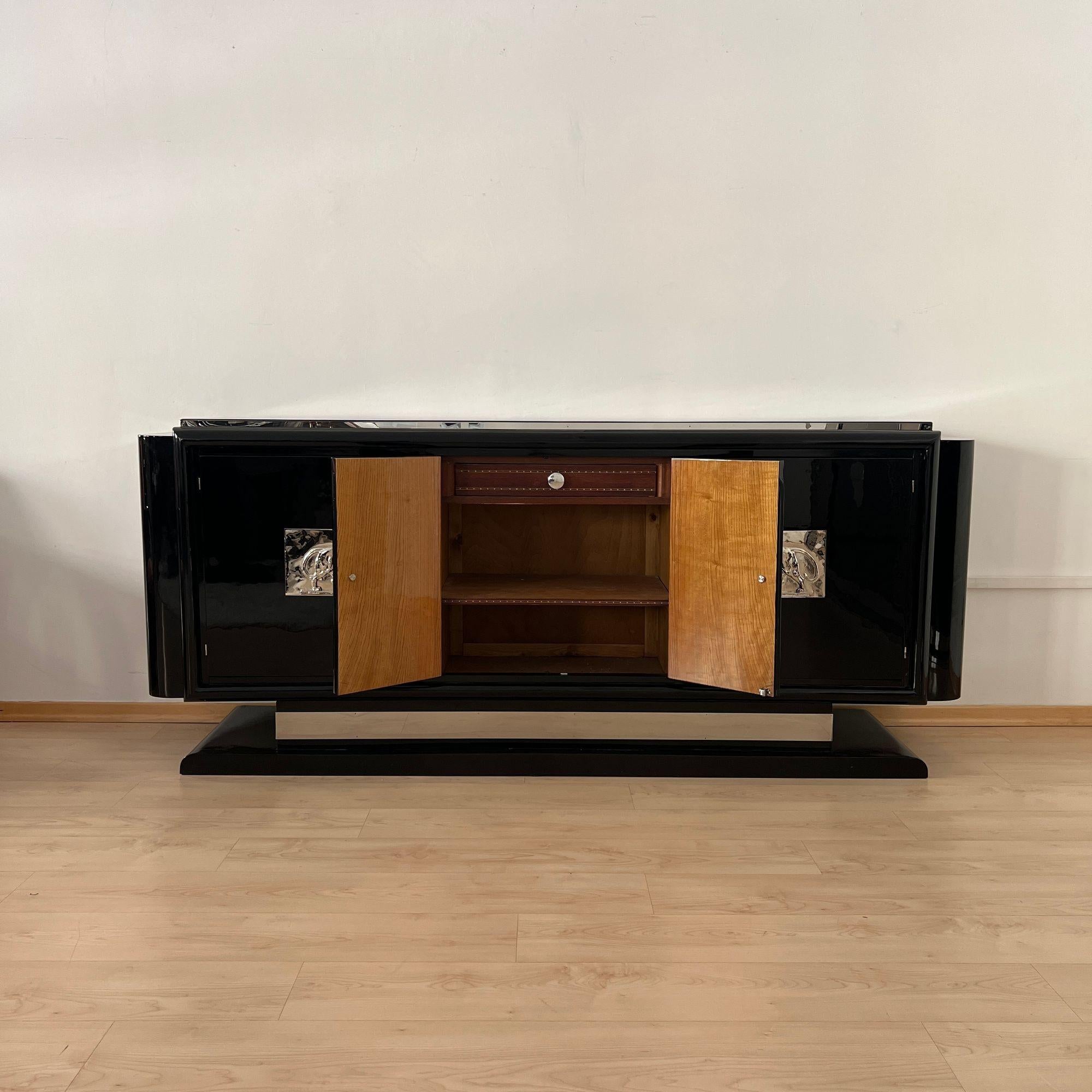 Art Deco Bar-Sideboard, Black Lacquer, Chromed Lion Appliqués, France circa 1930 In Good Condition For Sale In Regensburg, DE