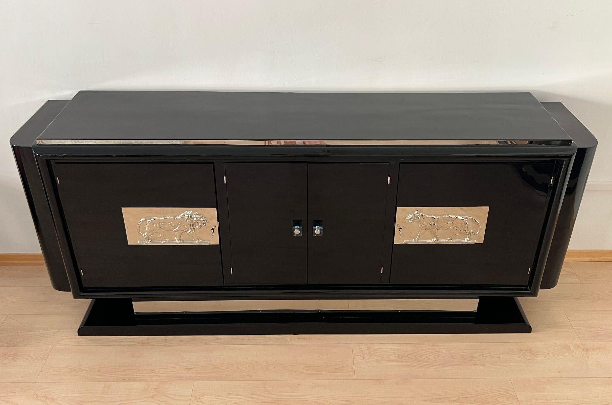 Mid-20th Century Art Deco Bar-Sideboard, Black Lacquer, Chromed Lion Appliqués, France circa 1930 For Sale