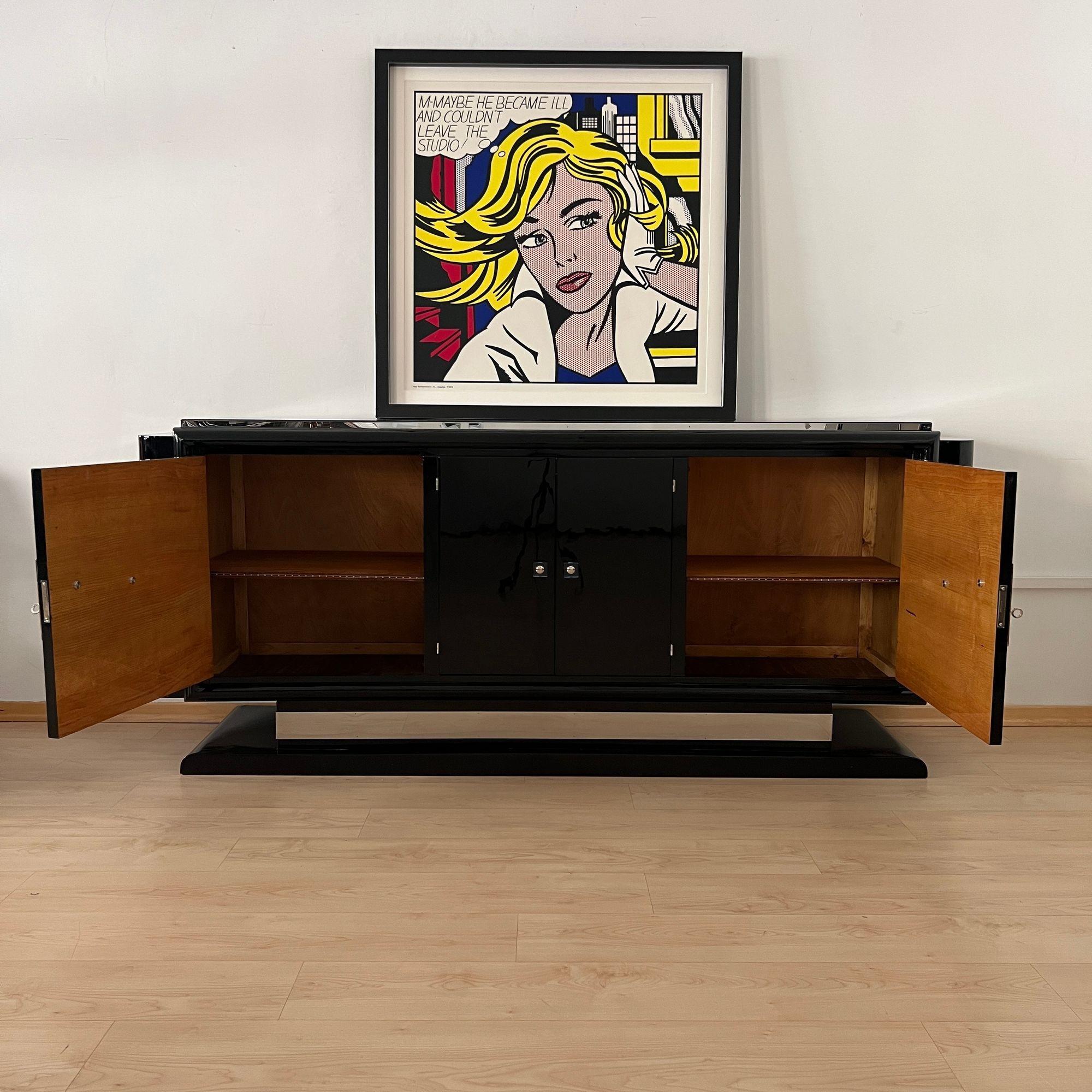 Cast Art Deco Bar-Sideboard, Black Lacquer, Chromed Lion Appliqués, France circa 1930 For Sale