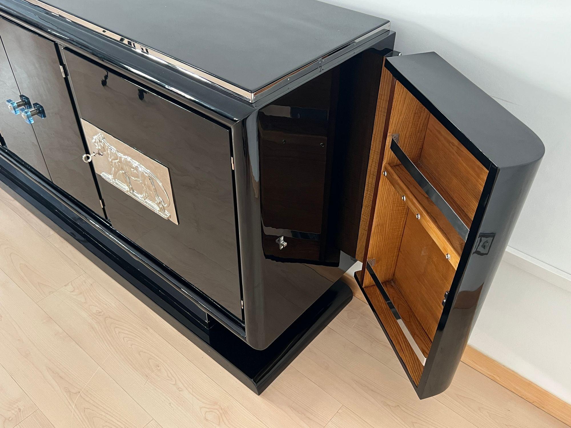 Art Deco Bar-Sideboard, Black Lacquer, Chromed Lion Appliqués, France circa 1930 For Sale 8